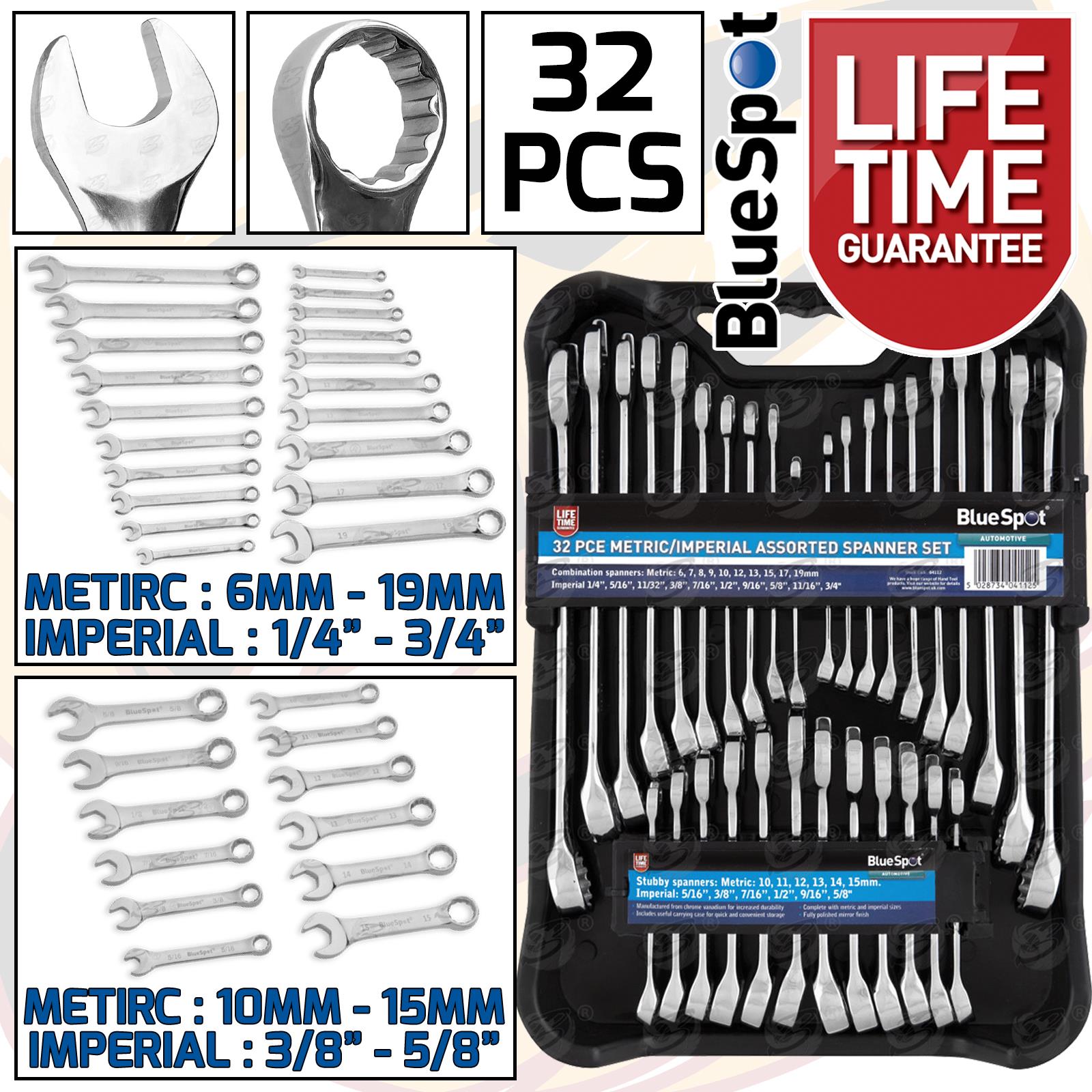 BLUESPOT 32PCS METRIC & SAE COMBINATION SPANNERS 6MM - 19MM & 1/4" - 3/4"