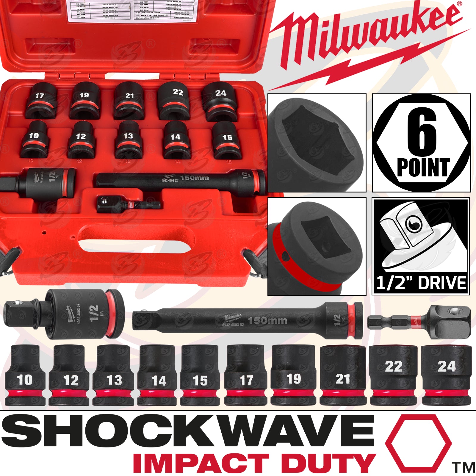 MILWAUKEE 13PCS 1/2" DRIVE 6 POINT SHALLOW IMPACT SOCKETS & ADAPTER SET 10MM - 24MM ( SHOCKWAVE IMPACT DUTY )