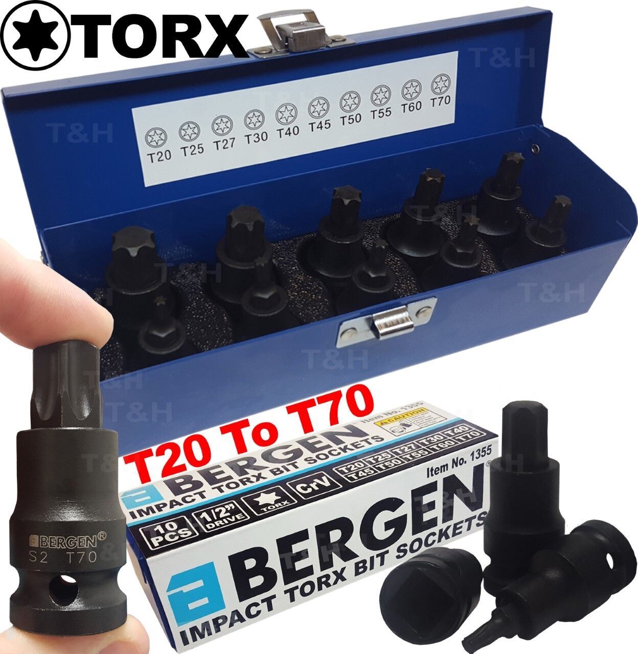 US Pro 10 Piece 1/2" Drive Impact Torx Bit Sockets T20 - T70 2087