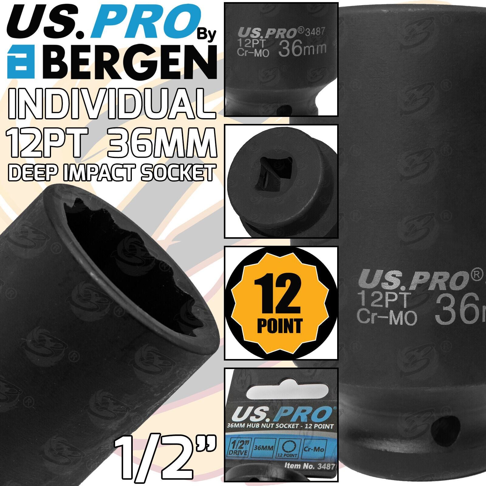 US Pro 36mm 1/2" Drive 12 Point Deep Impact Socket ( Single ) 3487