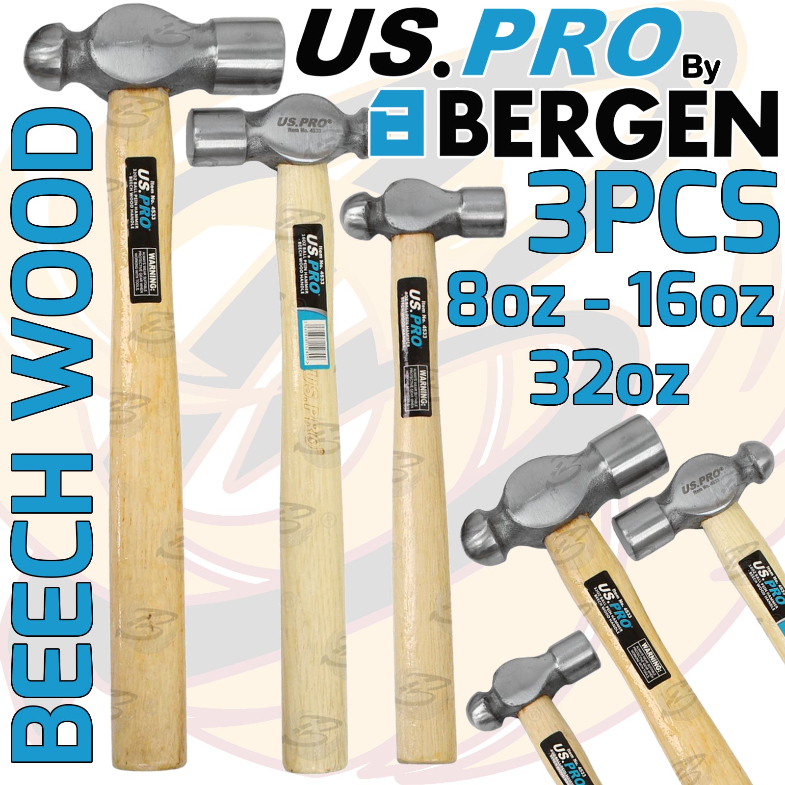 US PRO 3PCS BALL PEIN BEECH HAMMERS 8OZ - 16OZ - 32OZ