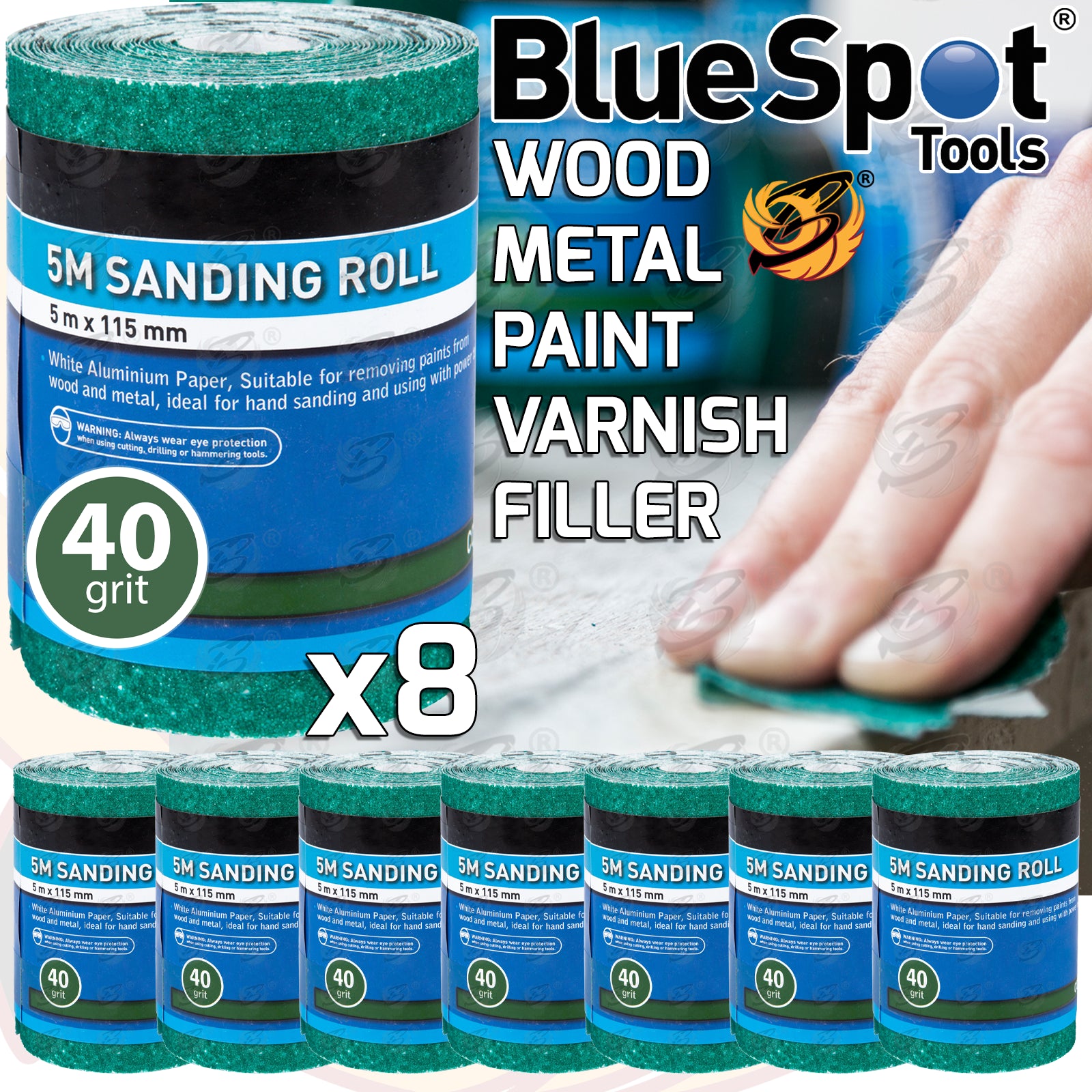 BLUESPOT 40 GRIT SANDING ROLL ( 5M x 115MM ) ( 8 ROLLS )