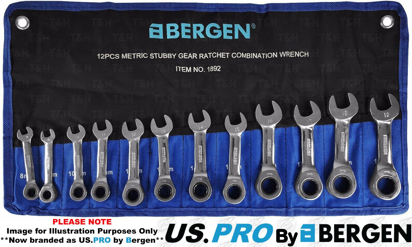 US PRO 12PCS STUBBY COMBINATION RATCHET SPANNERS
