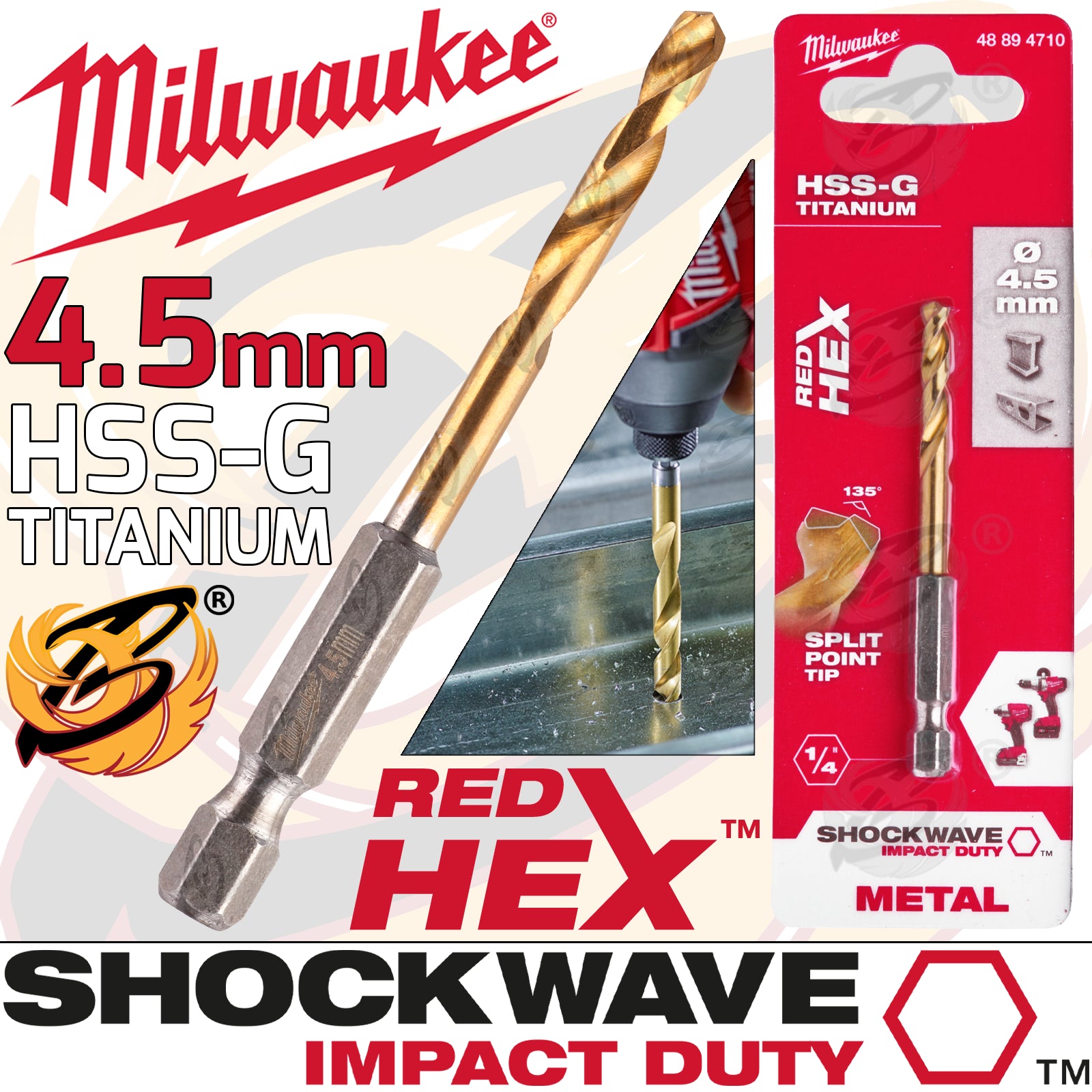 MILWAUKEE 4.5MM HSS TITANIUM METAL RED HEX DRILL BIT