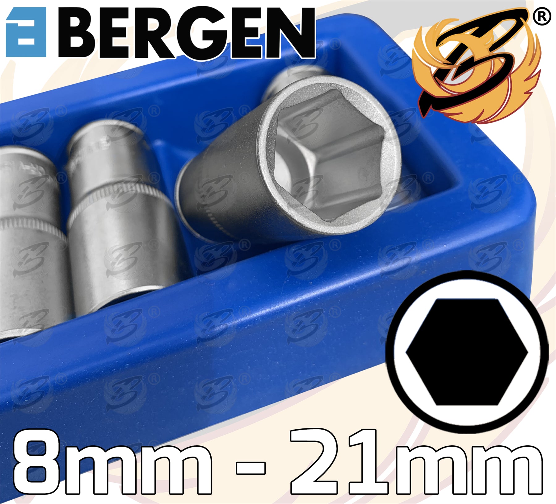 BERGEN 14PCS 3/8" DRIVE 6 POINT DEEP SOCKETS 8MM - 21MM ( SATIN FINISH )