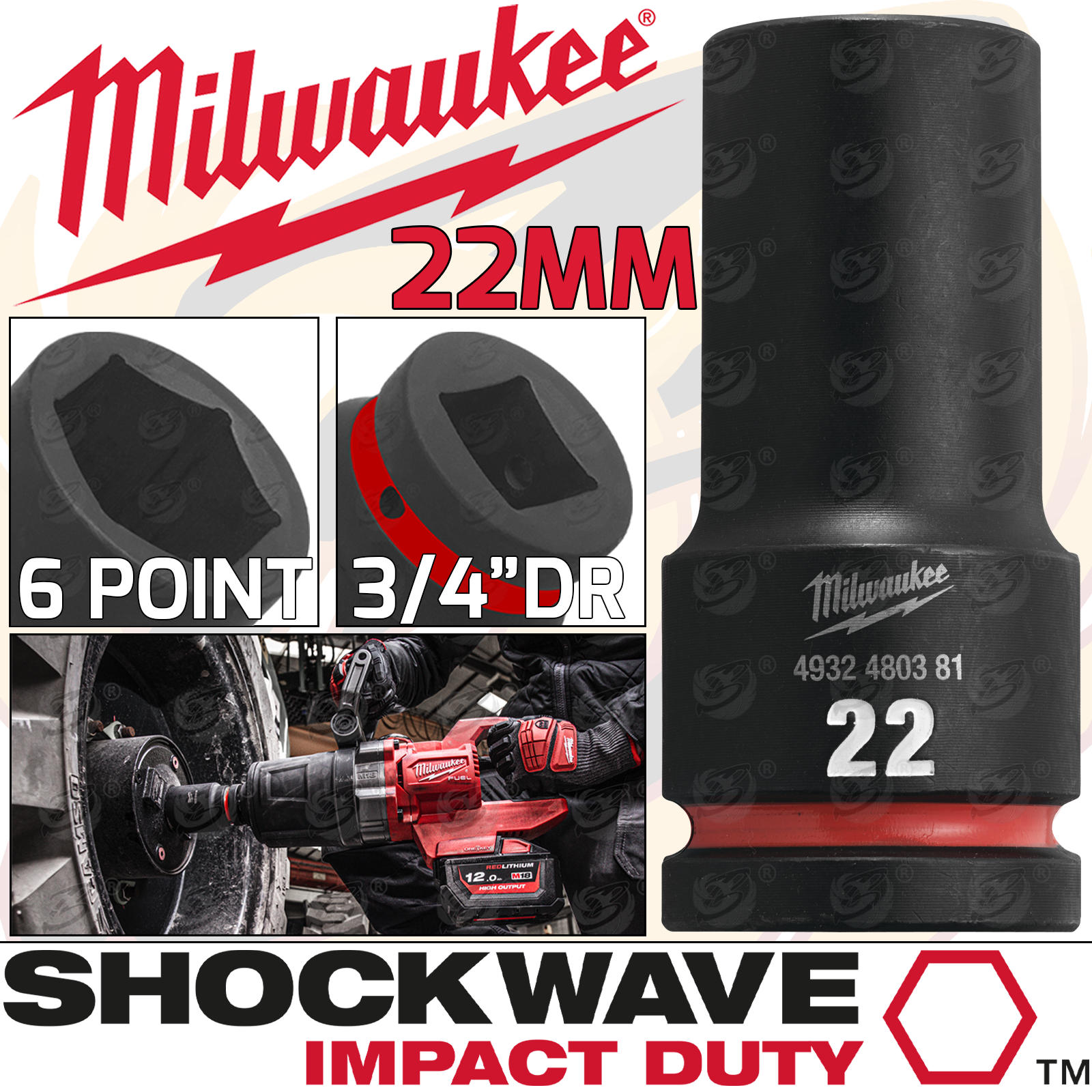 Milwaukee 22mm 3/4" Drive 6 Point Deep Impact Socket ( Single ) ( 4932480381 )
