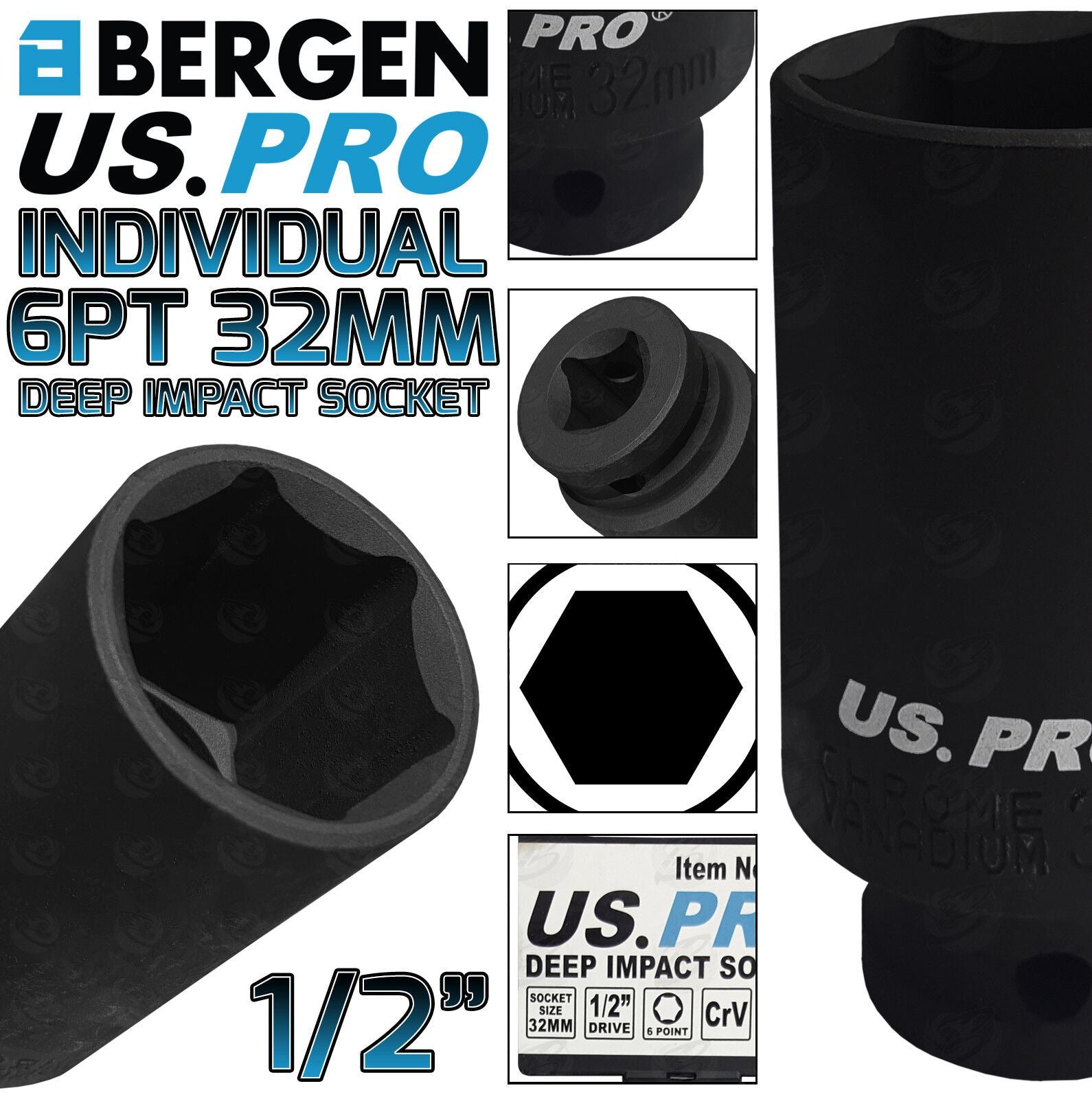 US Pro 32mm 1/2" Drive 6 Point Deep Impact Socket ( Single ) 1368