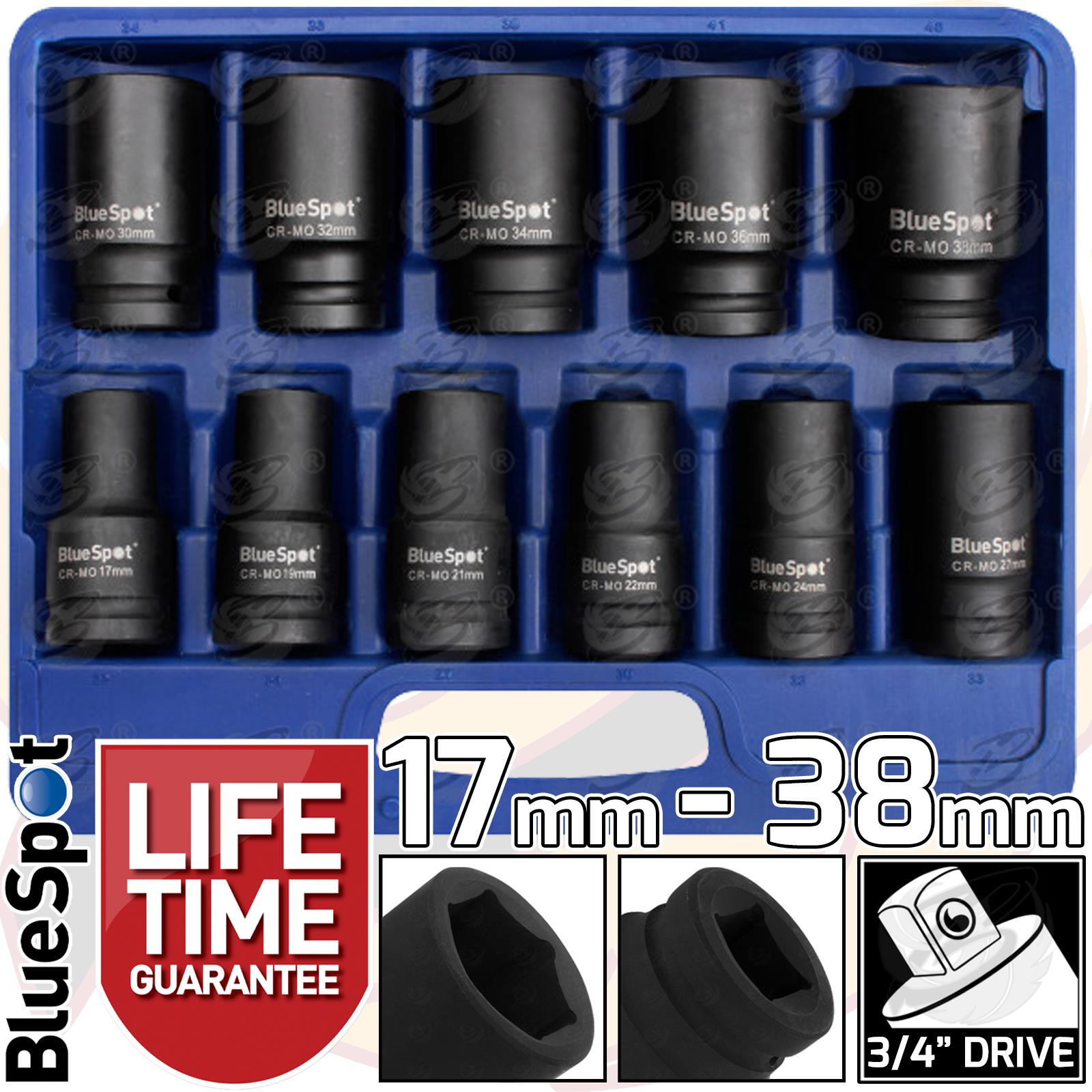 BLUESPOT 11PCS 3/4" DRIVE 6 POINT DEEP IMPACT SOCKETS 17MM - 38MM