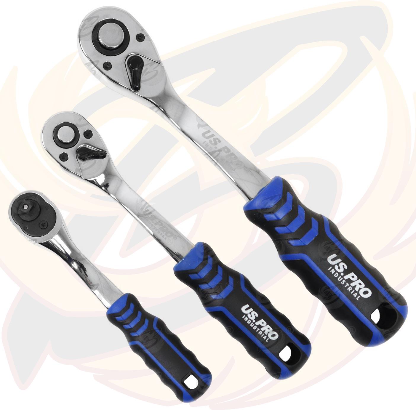 US Pro Industrial 3 Piece 1/4" & 3/8" & 1/2" Drive 90 Tooth Ratchet Handles 4229