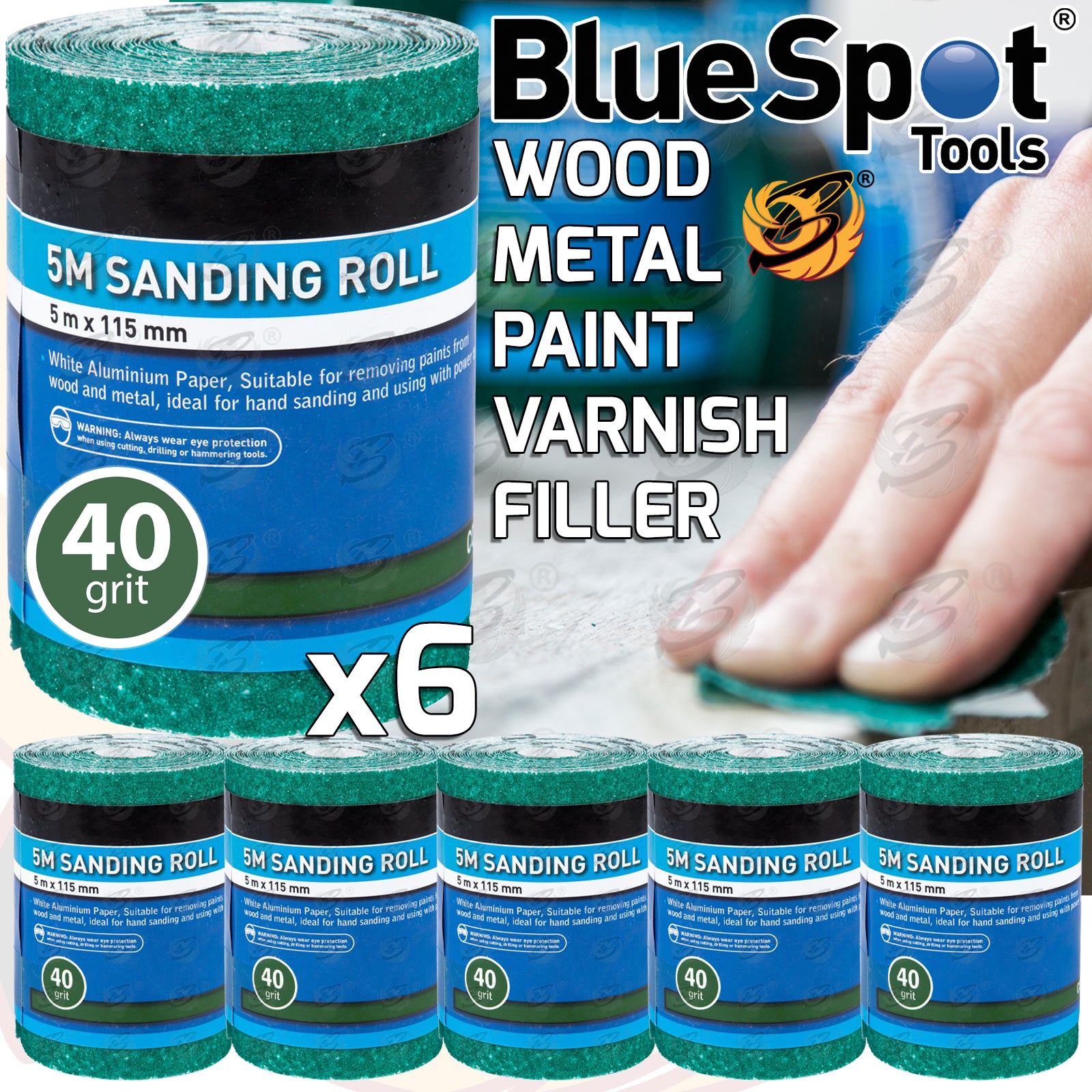 BLUESPOT 40 GRIT SANDING ROLL ( 5M x 115MM ) ( 6 ROLLS )