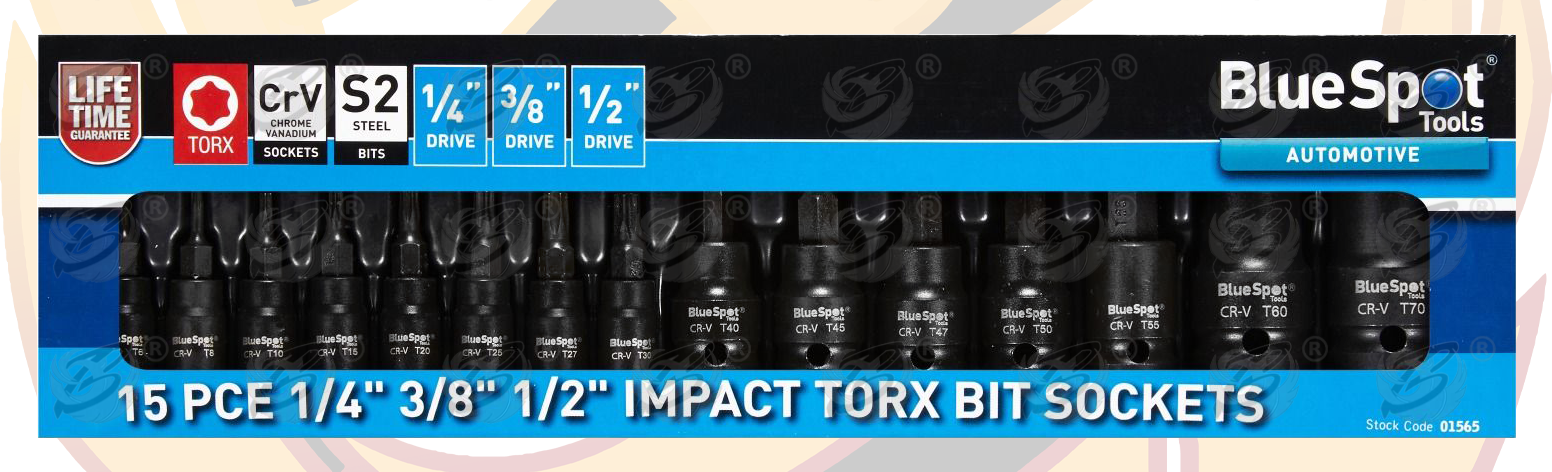 BlueSpot 15 Piece 1/4" & 3/8" & 1/2" Drive Impact Torx Bit Sockets T6 - T70 ( 01565 )