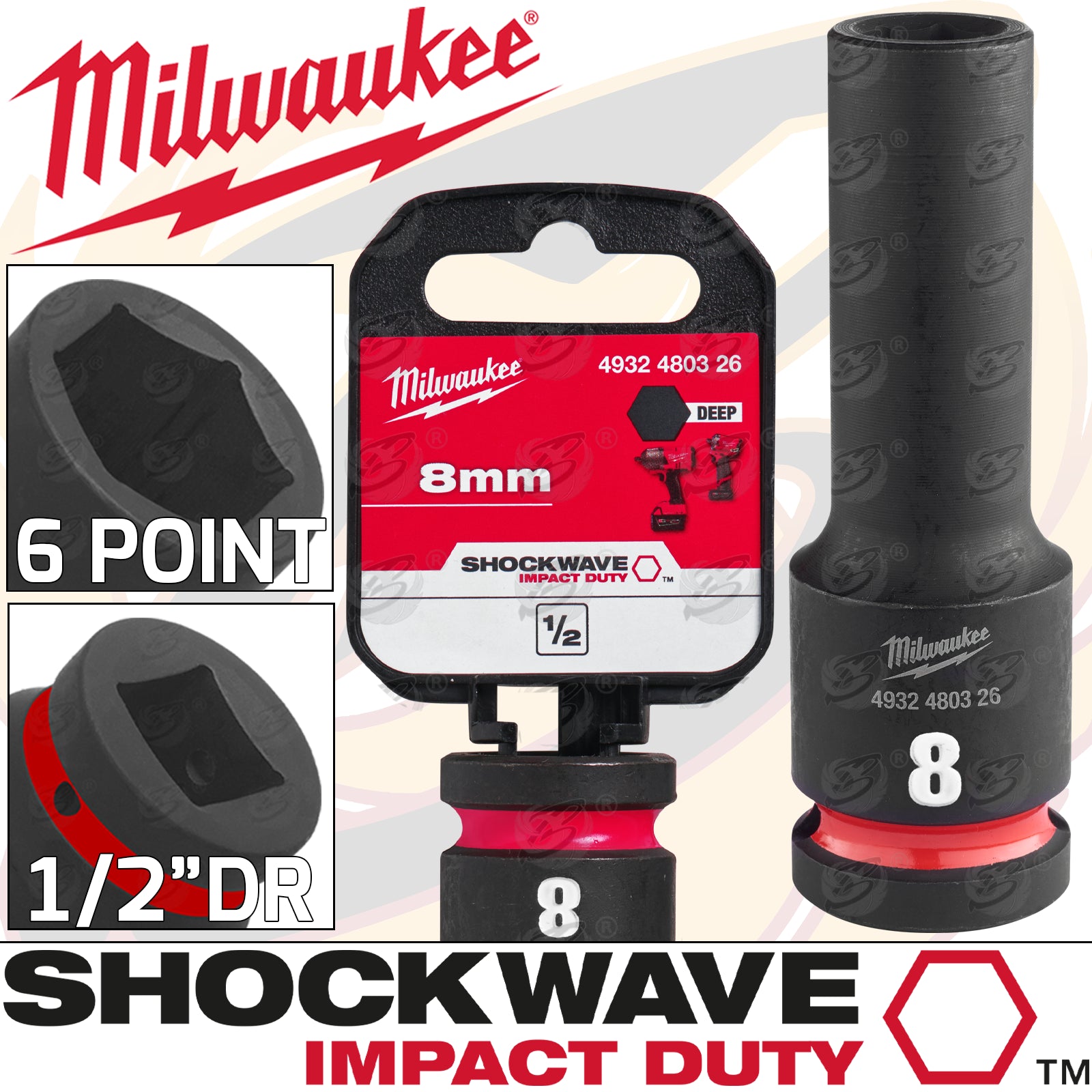 MILWAUKEE 8MM 1/2" DRIVE 6 POINT DEEP IMPACT SOCKET ( SINGLE )