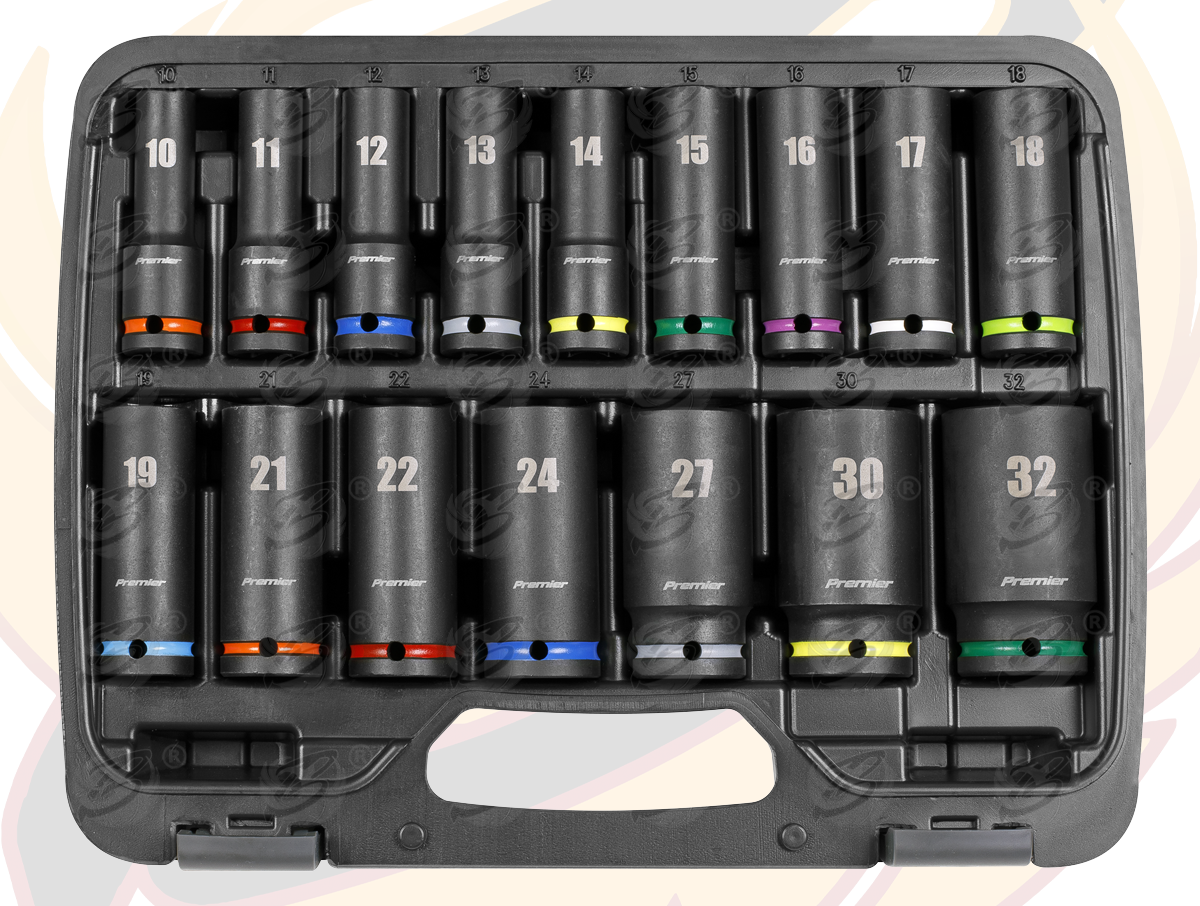 SEALEY 18V 4Ah 1/2" DRIVE BRUSHLESS IMPACT WRENCH 650Nm & 16PCS 6 POINT DEEP IMPACT SOCKETS 10MM - 32MM