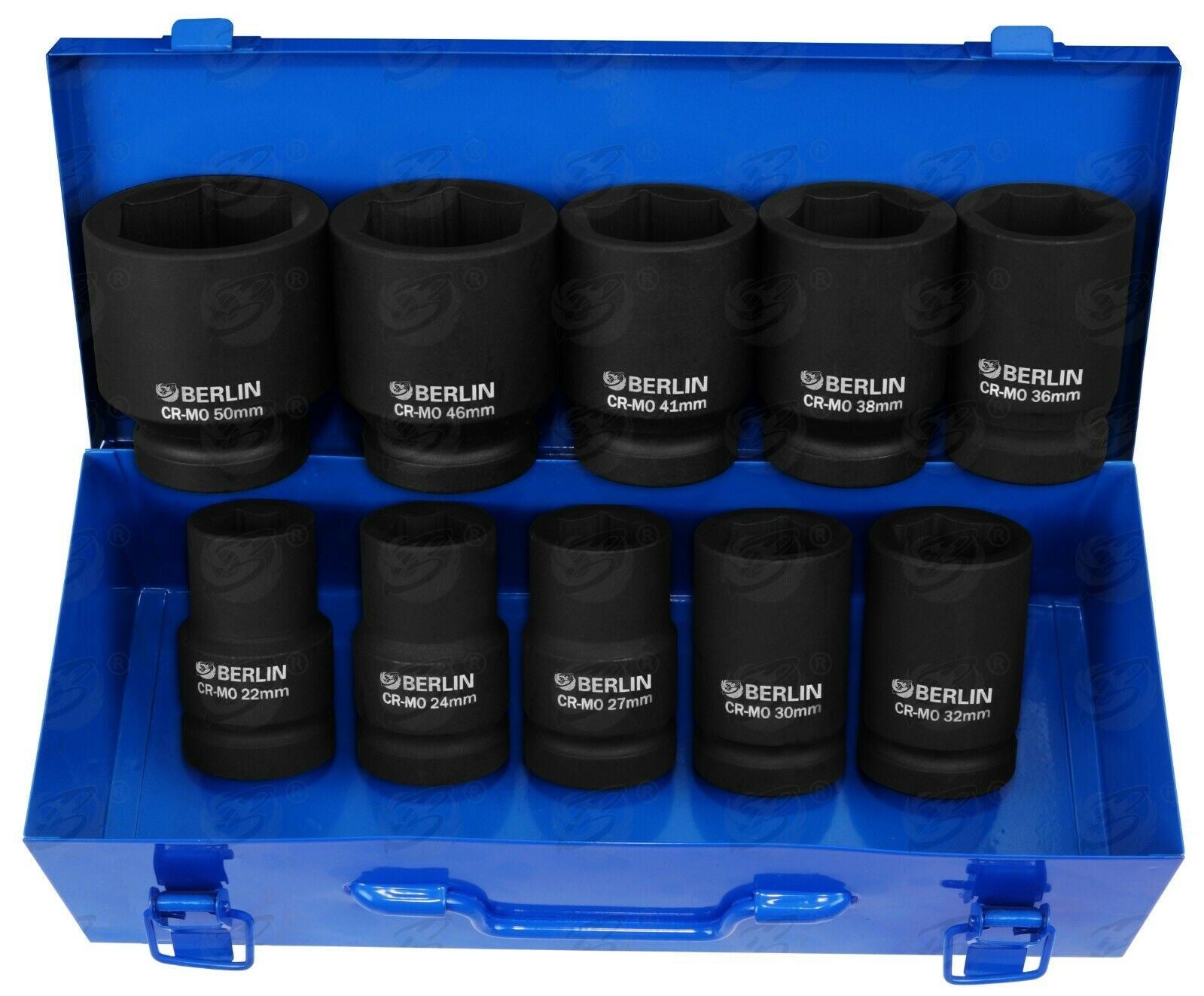 BERLIN 10PCS 1" DRIVE 6 POINT DEEP IMPACT SOCKETS 22MM - 50MM
