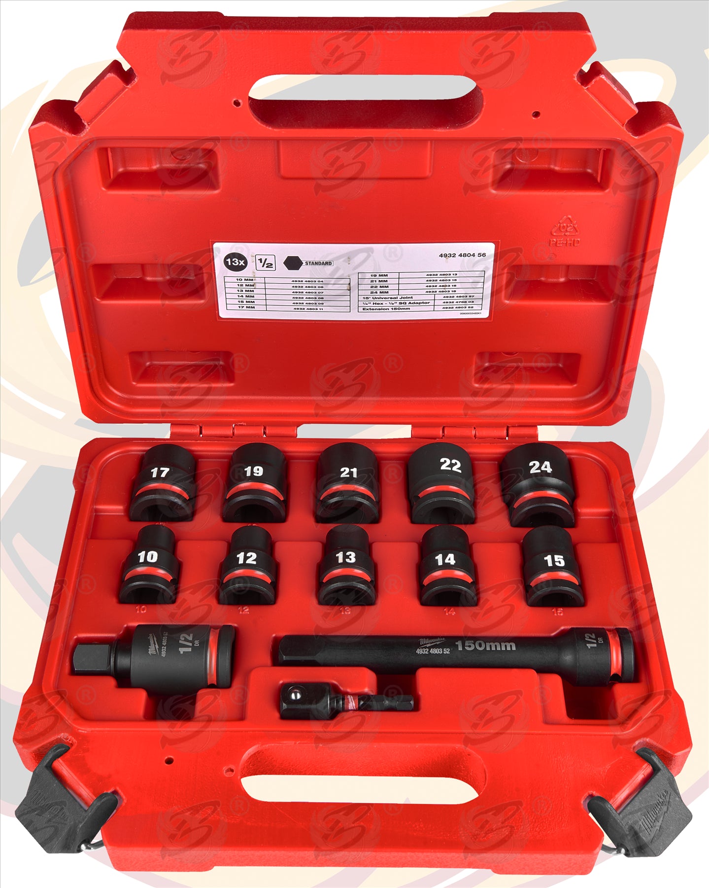 MILWAUKEE 23PCS 1/2" DRIVE 6 POINT DEEP & SHALLOW IMPACT SOCKETS & ADAPTER SET 10MM - 24MM ( SHOCKWAVE IMPACT DUTY )