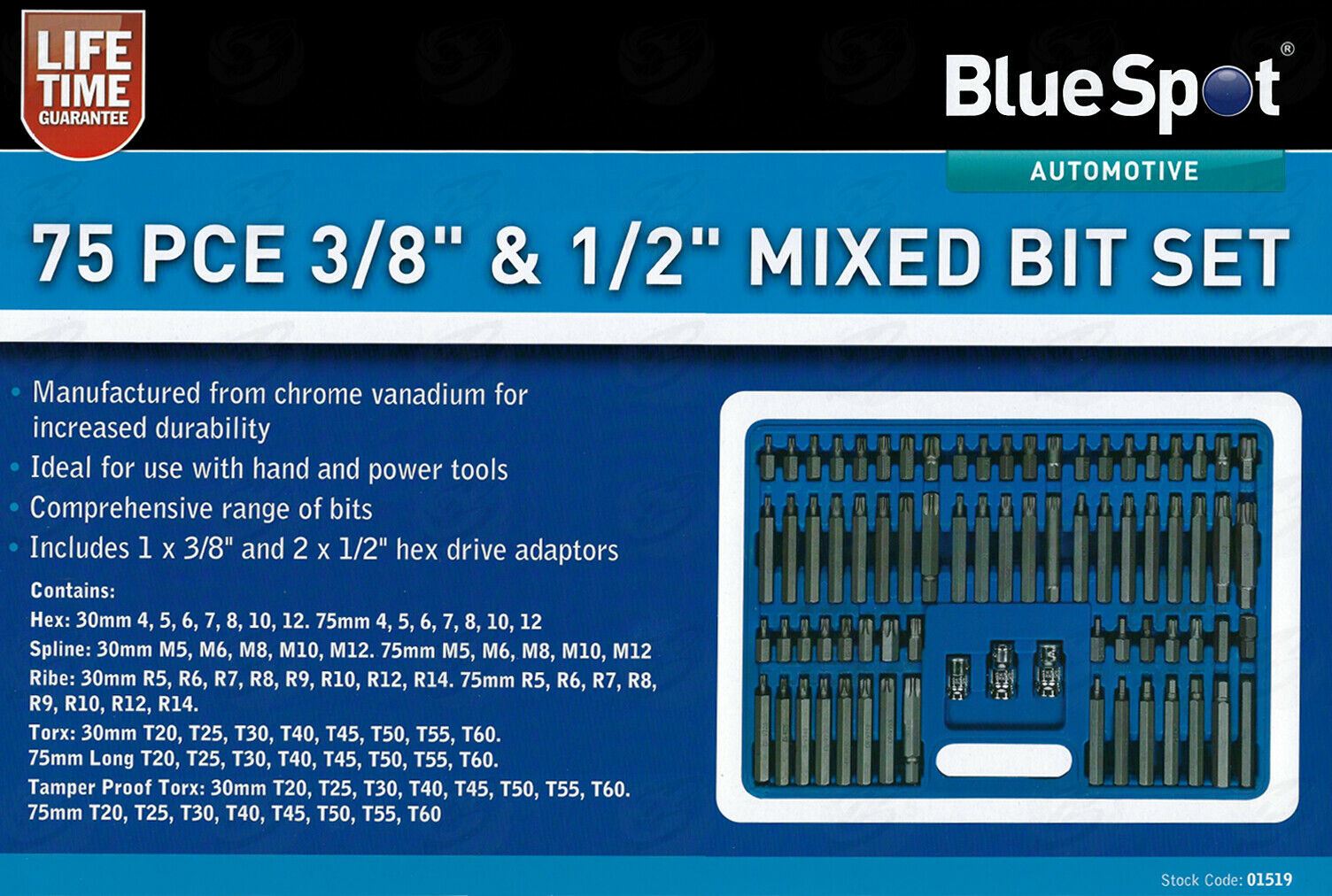 BLUESPOT 75PCS 3/8" & 1/2" DRIVE HEX - TORX - SPLINE - RIBE - TAMPERPROOF TORX BIT SOCKETS