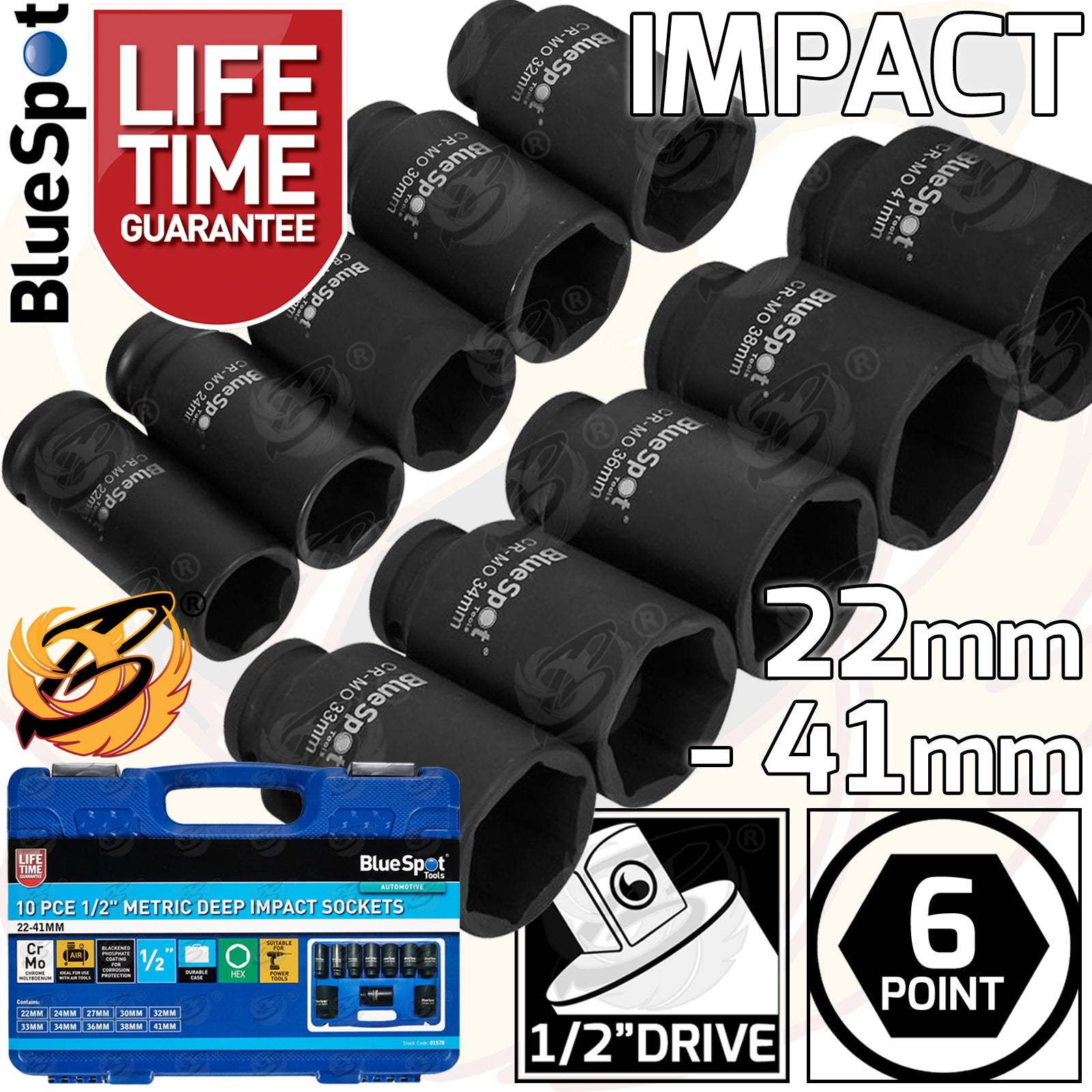 BLUESPOT 10PCS 1/2" DRIVE 6 POINT DEEP IMPACT SOCKETS 22MM - 41MM