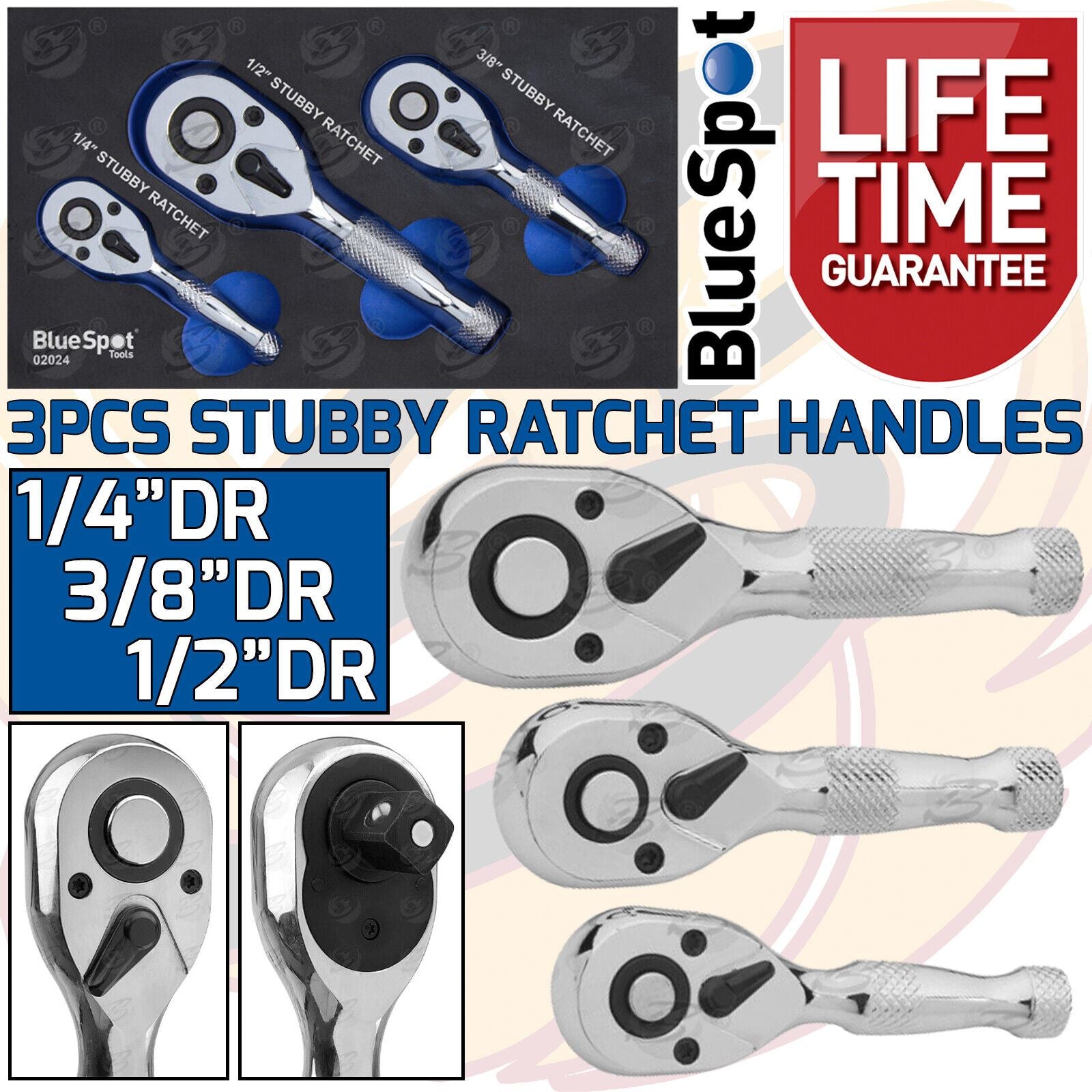BLUESPOT 3PCS 72 TOOTH STUBBY RATCHET HANDLE SET 1/4" & 3/8" & 1/2" DRIVE