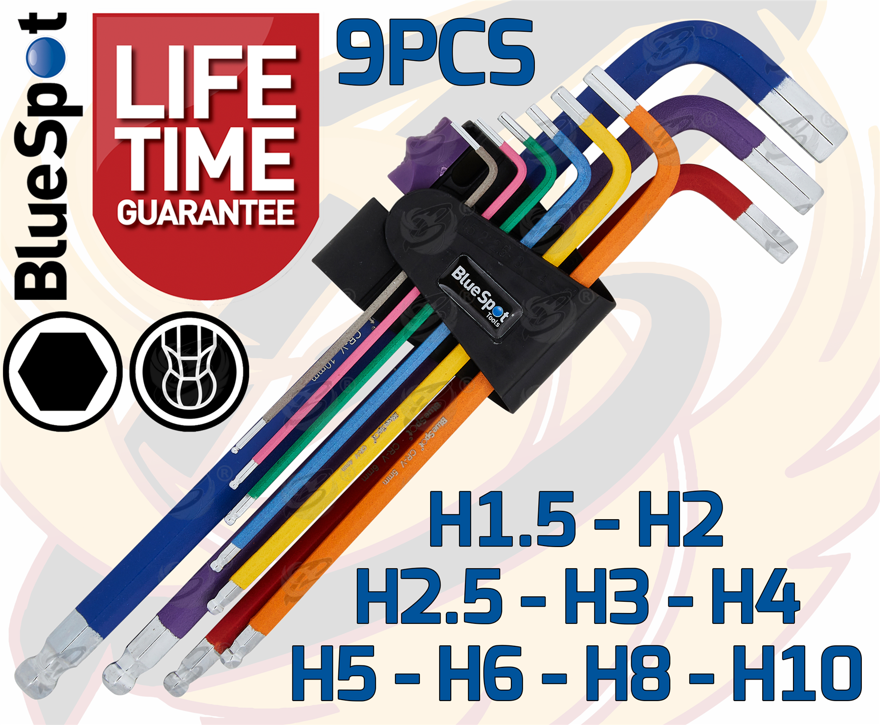 BlueSpot 9 Piece Extra Long Colour Coded Ball End Hex Key Set ( H1.5 - H10 ) ( 15301 )