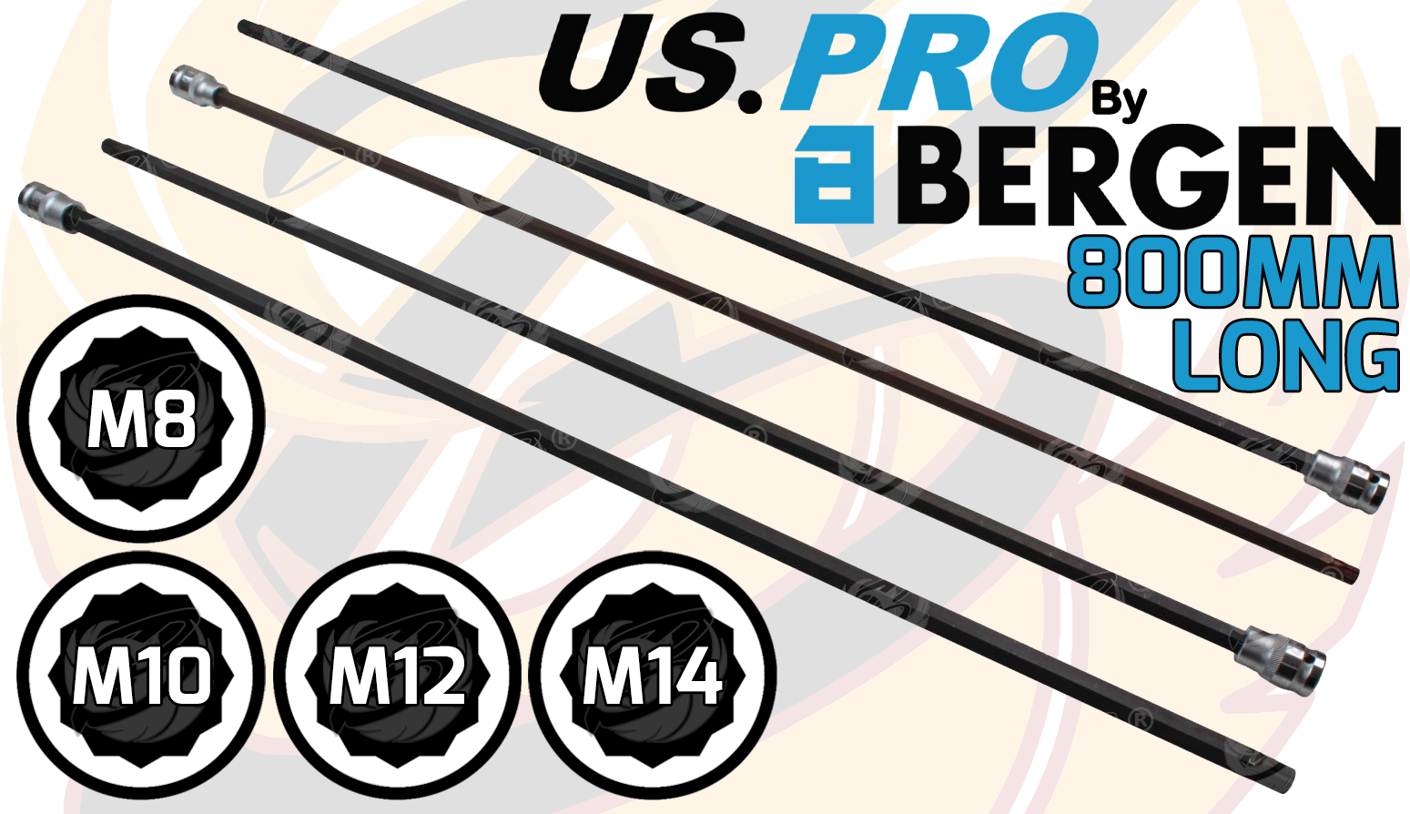 US Pro 4 Piece 800mm 1/2" Drive Extra Long Spline Bit Sockets M8 - M14 3389