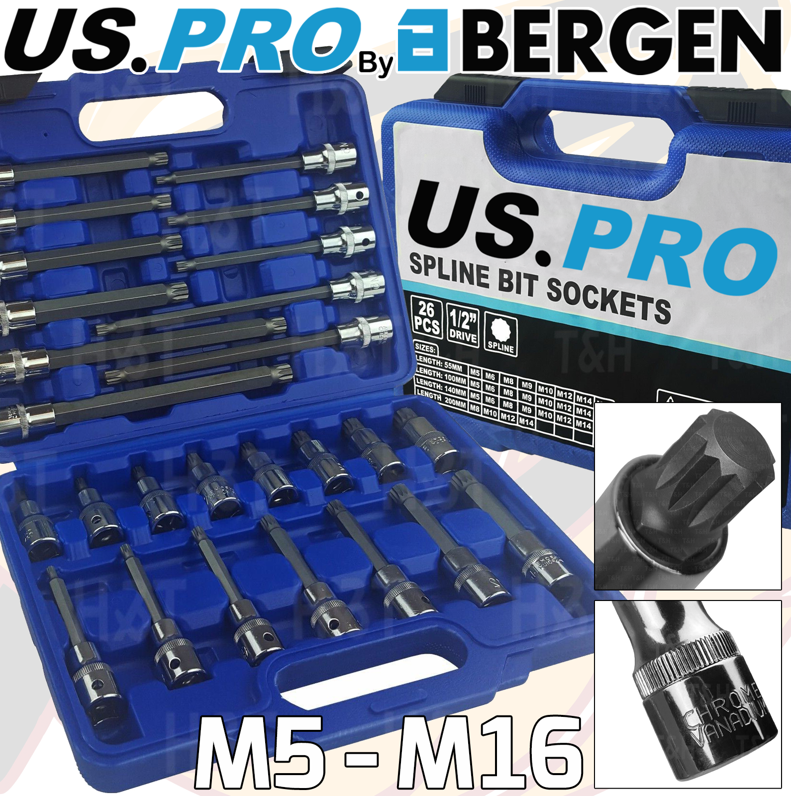 US Pro 26 Piece 1/2" Drive Spline Bit Sockets M5 - M16 ( 3405 )