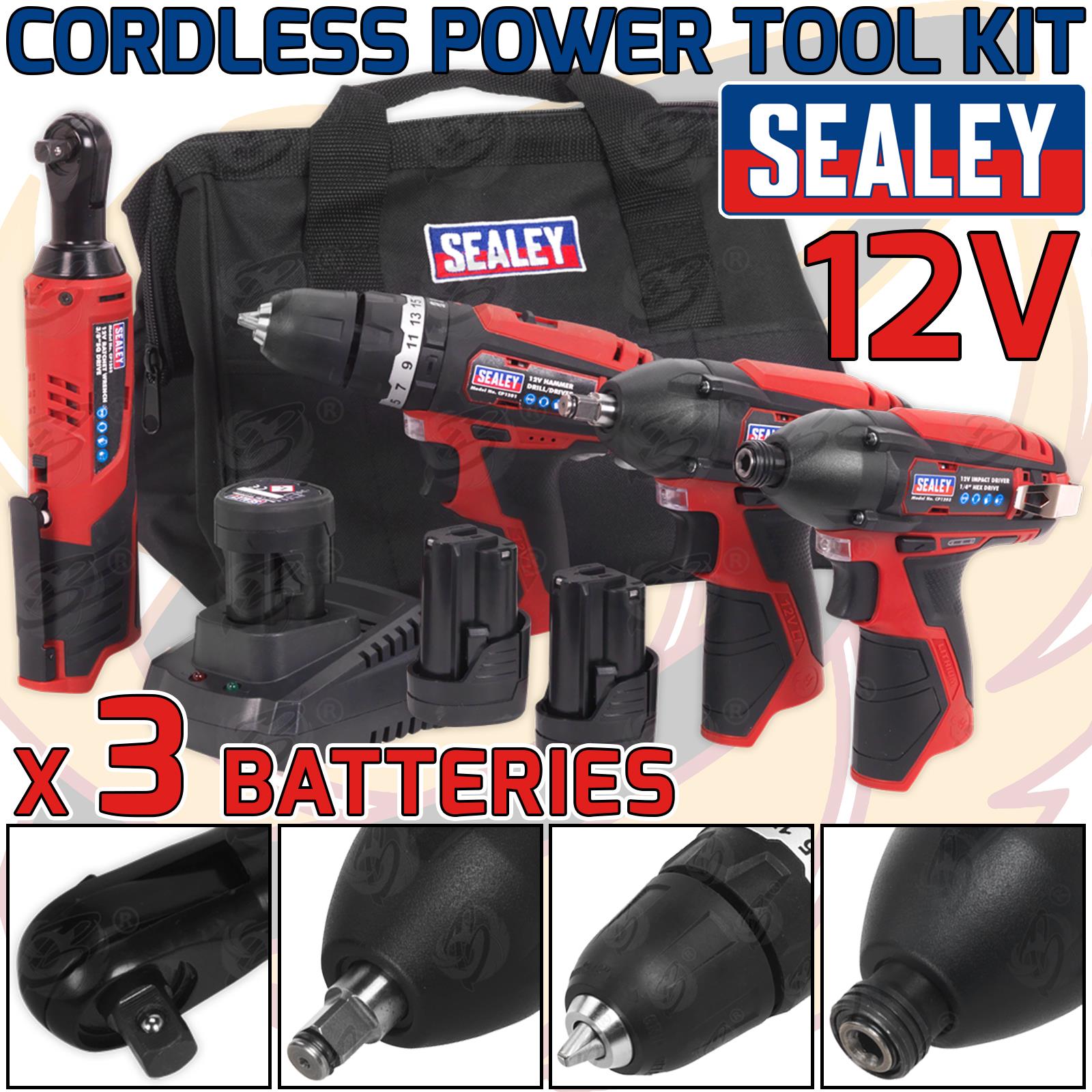 Sealey 12V 3/8" Drive Cordless Combo Kit ( Drill - Ratchet Wrench - Impact Wrench - Impact Driver ) ( CP1200COMBO & CP1200BP )