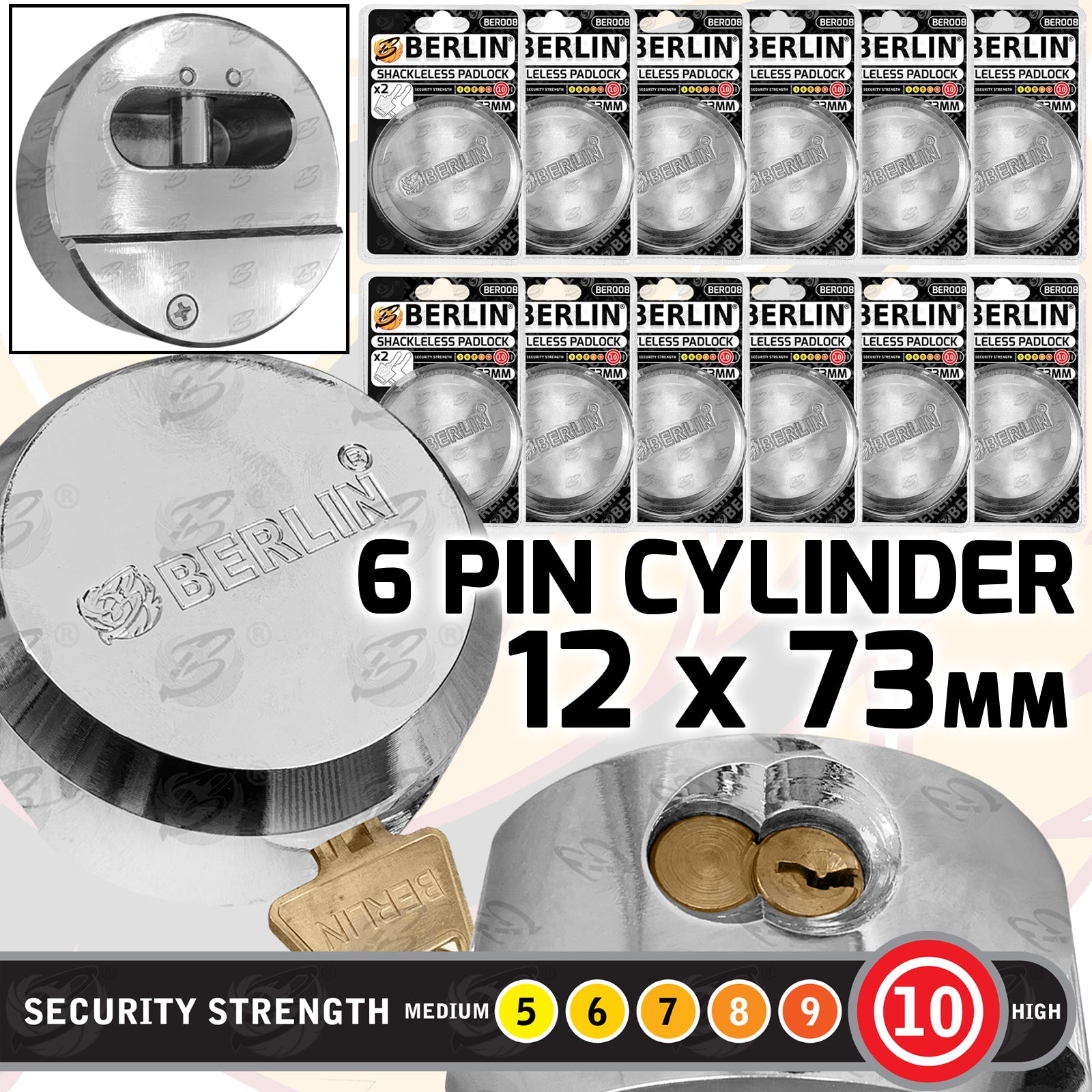 BERLIN 73MM HEAVY DUTY ROUND SHACKLELESS PADLOCK ( x12 )