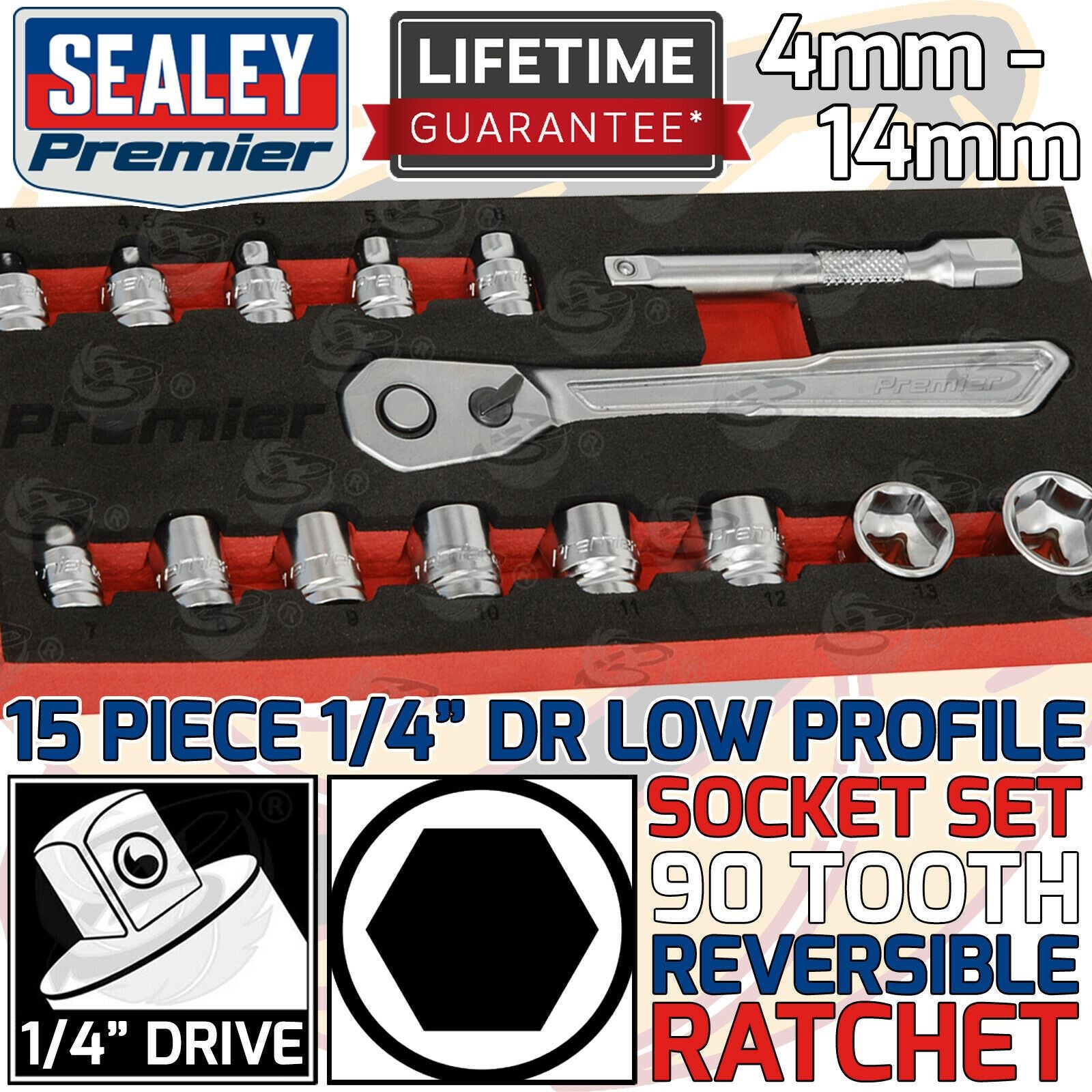 SEALEY 15PCS 1/4" DRIVE 6 POINT 90 TOOTH LOW PROFILE SOCKET SET 4MM - 14MM
