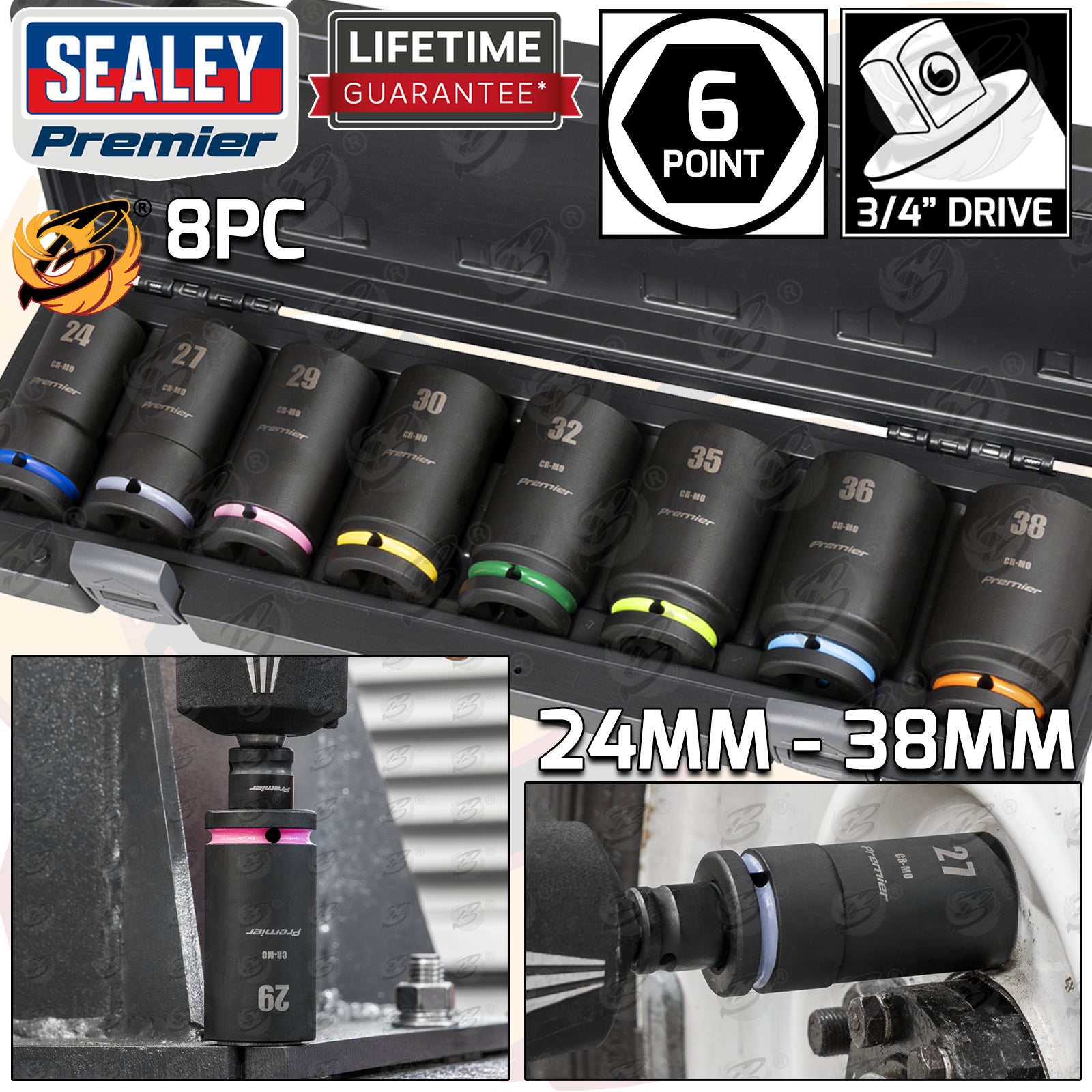 Sealey 8 Piece 3/4" Drive 6 Point Deep Impact Sockets 24mm - 38mm ( AK8891M )