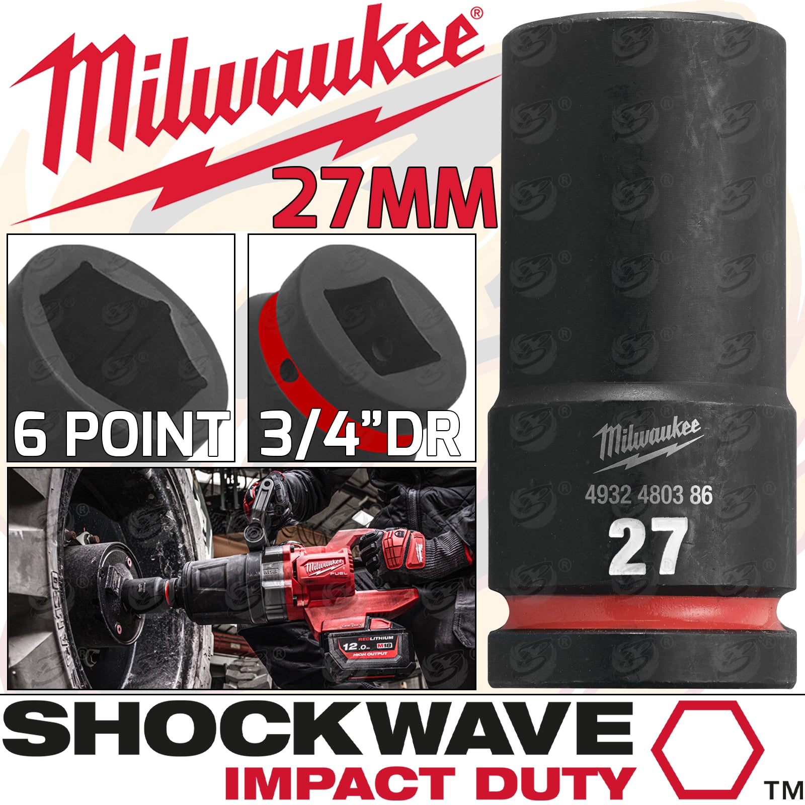 MILWAUKEE 27MM 3/4" DRIVE 6 POINT DEEP IMPACT SOCKET ( SINGLE )