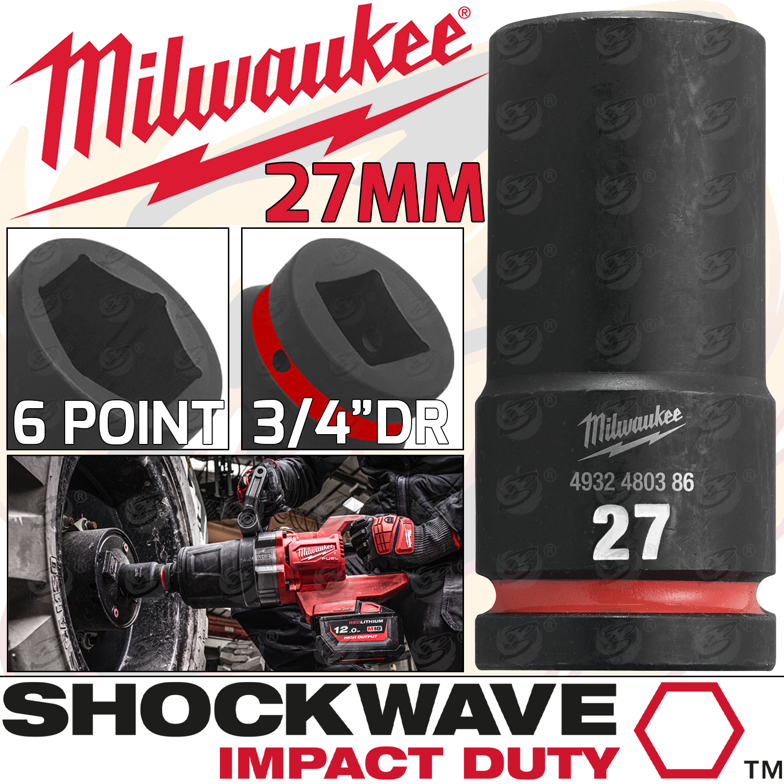 Milwaukee 27mm 3/4" Drive 6 Point Deep Impact Socket ( Single ) ( 4932480386 )