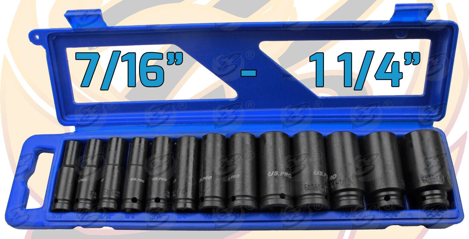 US Pro 13 Piece 1/2" Drive 6 Point Sae Deep Impact Sockets 7/16" - 1 1/4" 3424
