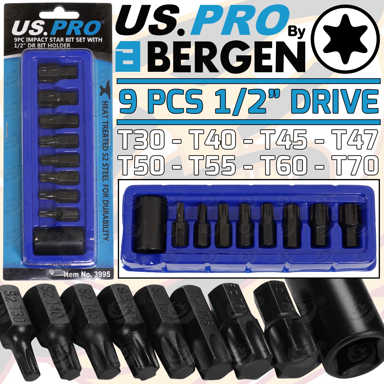 US PRO 9PCS 1/2" DRIVE IMPACT TORX BIT SOCKETS T30 - T70