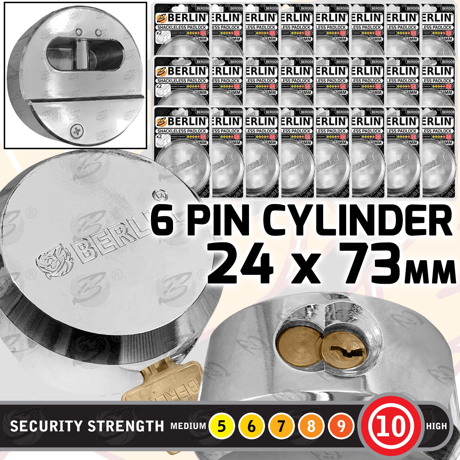 BERLIN 73MM HEAVY DUTY ROUND SHACKLELESS PADLOCK ( x24 )