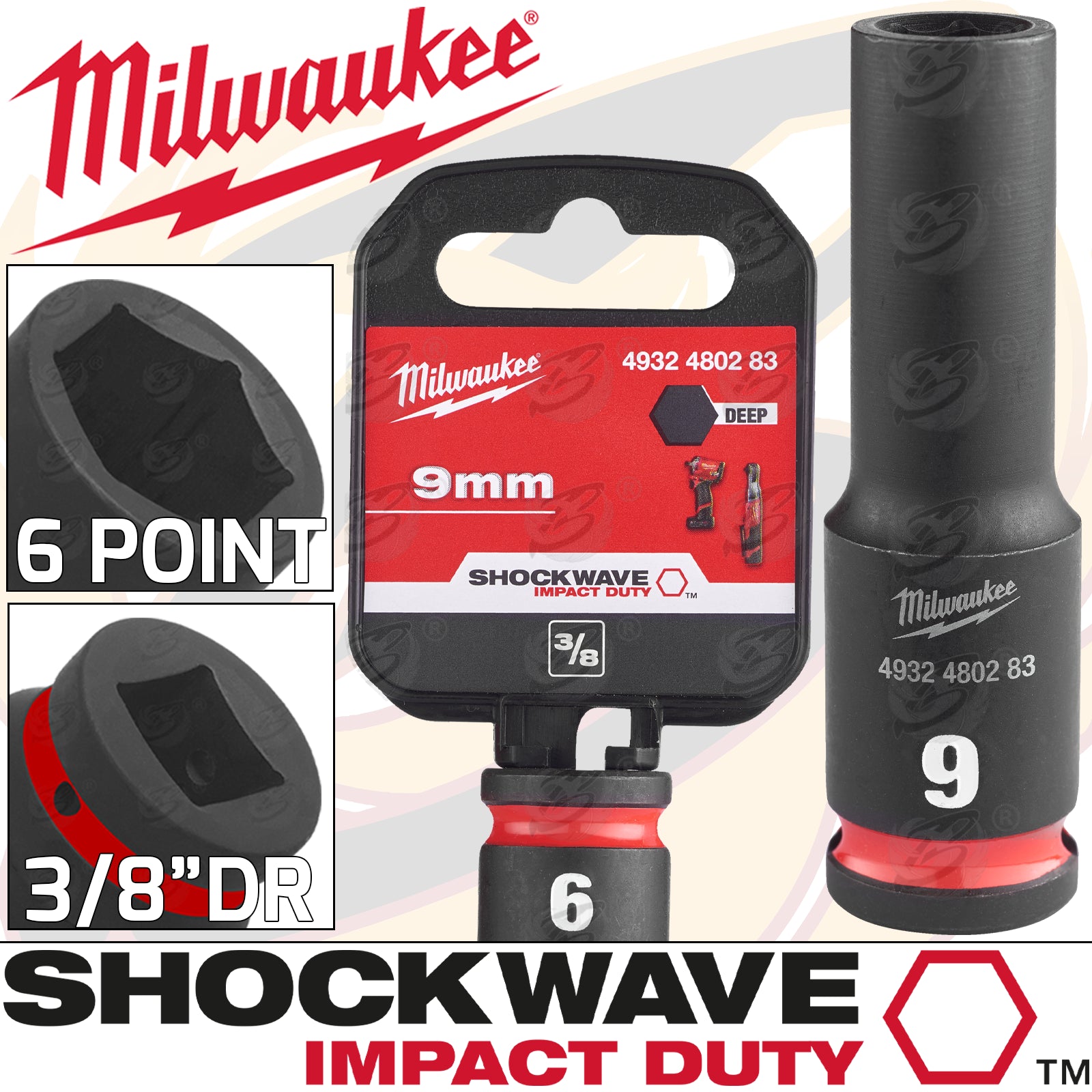 MILWAUKEE 9MM 3/8" DRIVE 6 POINT DEEP IMPACT SOCKET ( SINGLE )