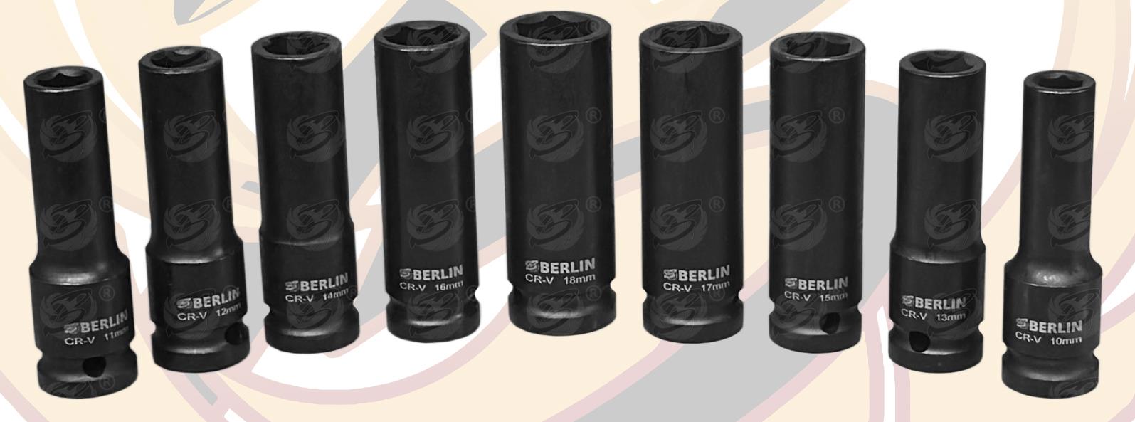 BERLIN 16PCS 1/2" DRIVE 6 POINT DEEP IMPACT SOCKETS 10MM - 32MM