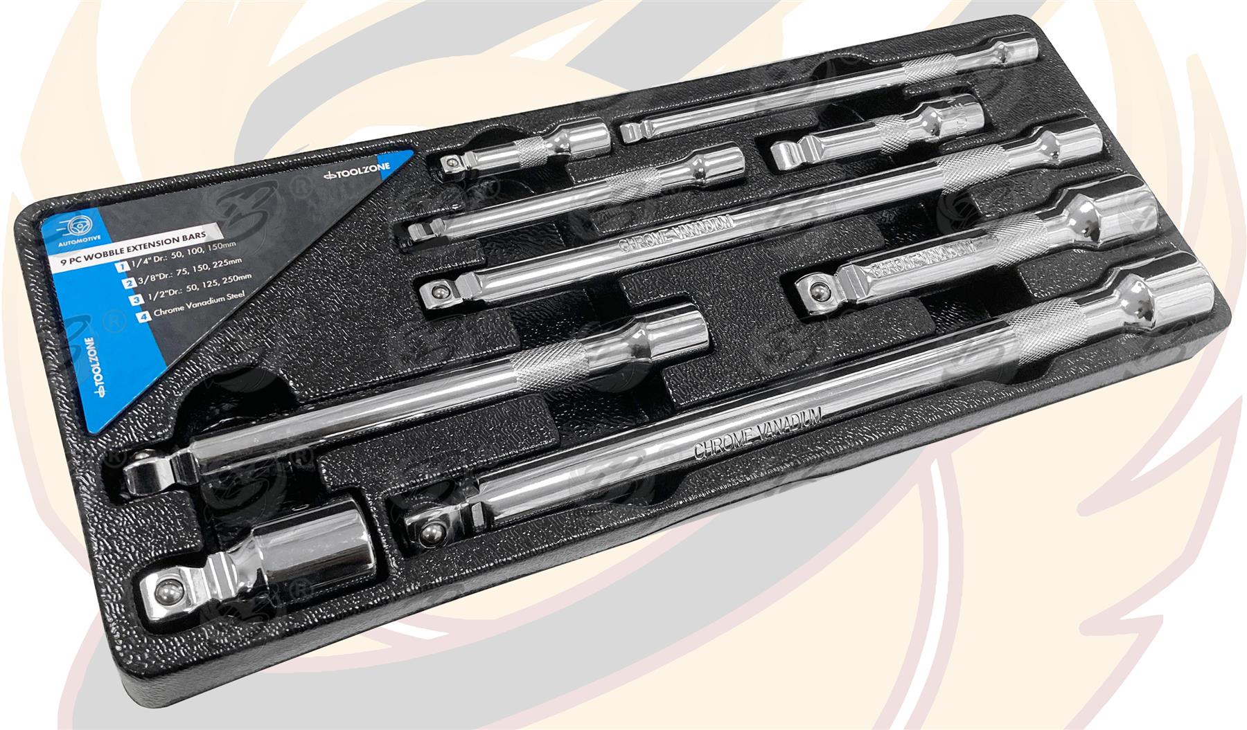 TOOLZONE 9PCS 1/4" & 3/8" & 1/2" DRIVE WOBBLE EXTENSION BARS 50MM - 250MM