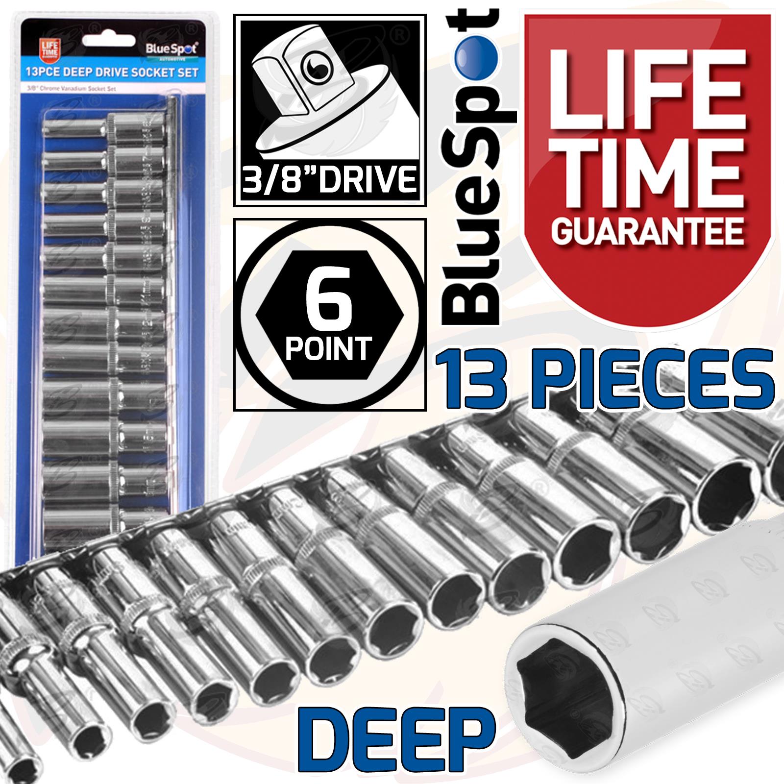 BLUESPOT 13PCS 3/8" DRIVE 6 POINT DEEP SOCKETS 6MM - 19MM