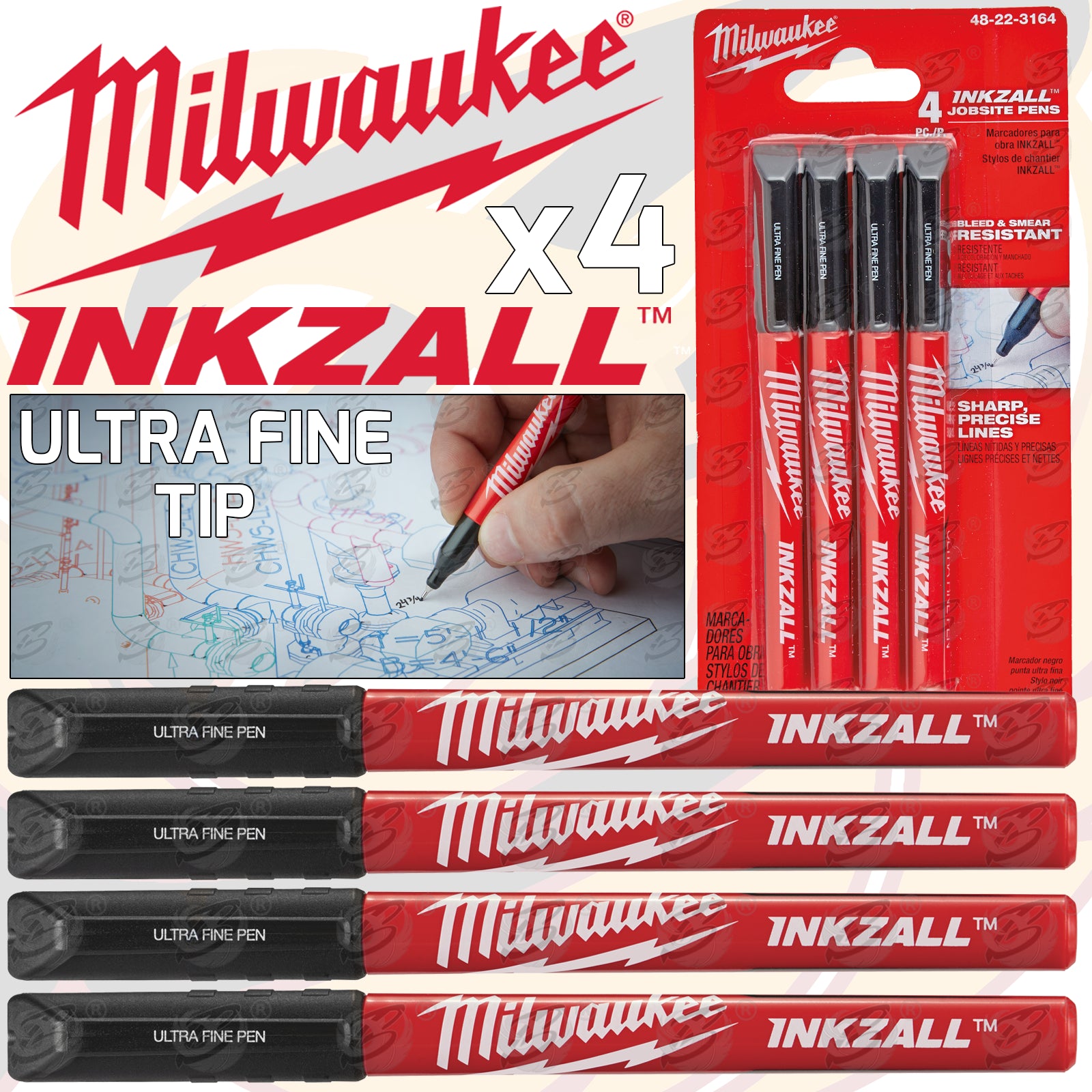 MILWAUKEE INKZALL ULTRA FINE POINT 0.6MM MARKER PENS ( X 4 )