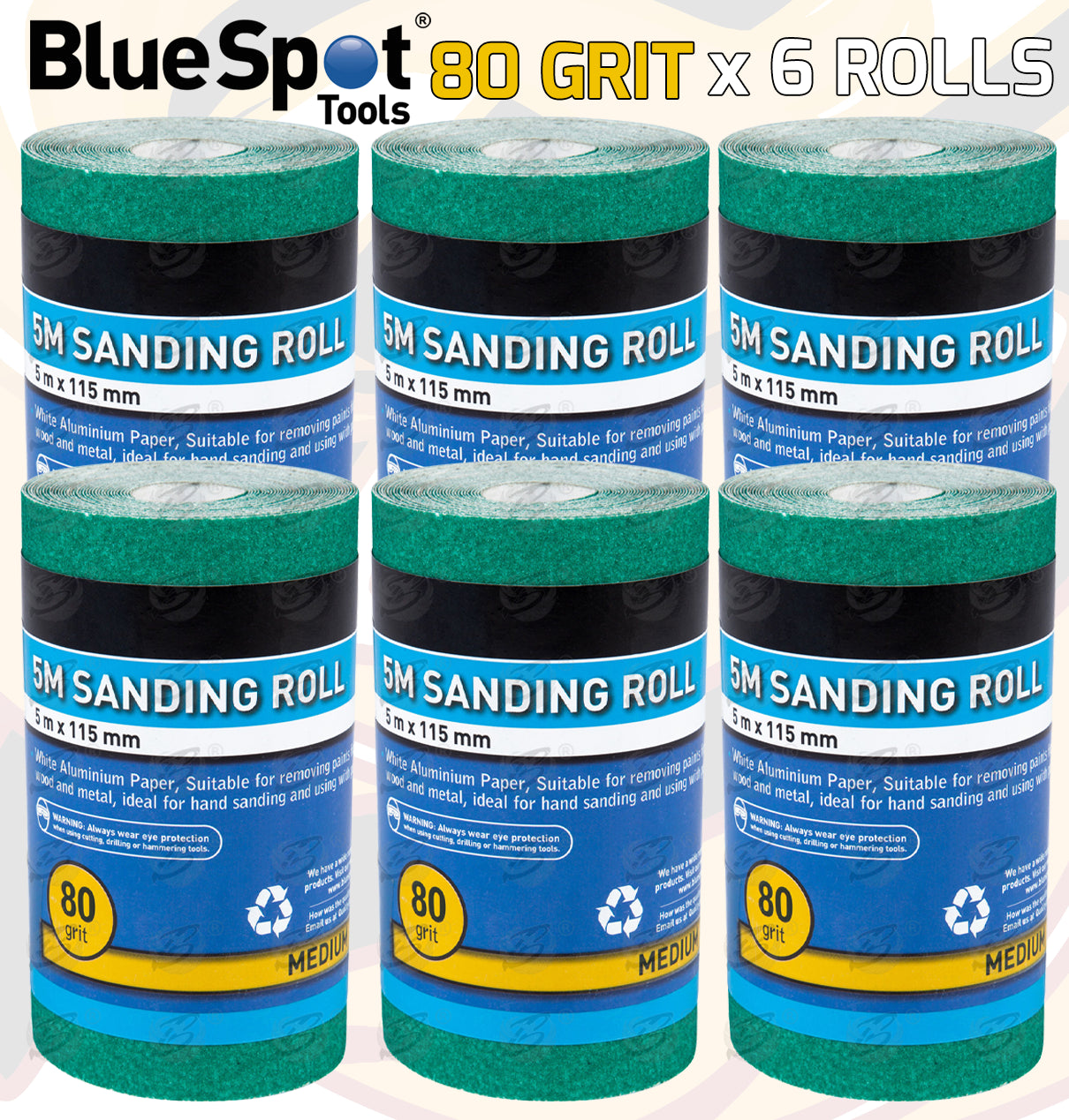 BLUESPOT 80 GRIT SANDING ROLL ( 5M x 115MM ) ( 6 ROLLS )