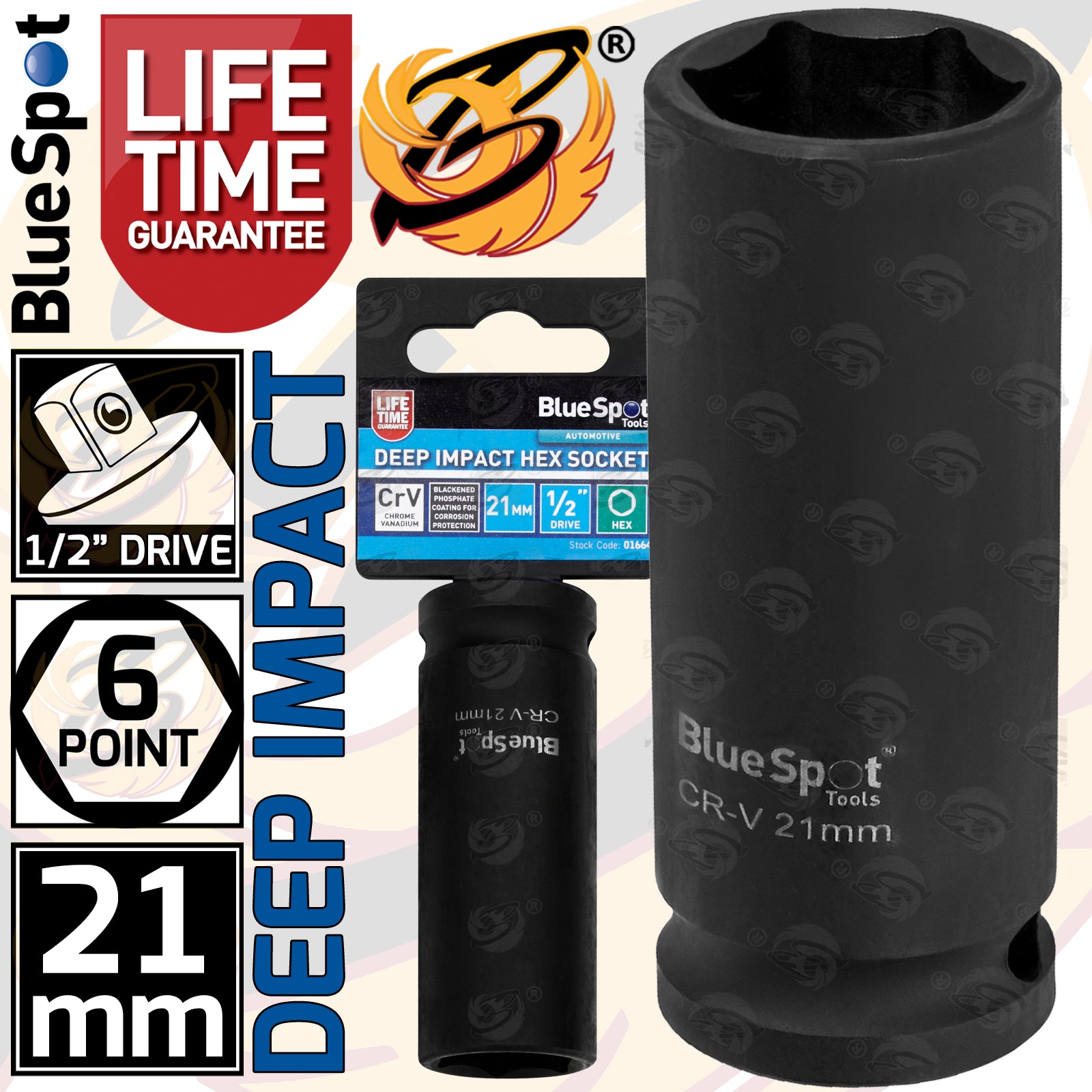 BLUESPOT 21MM 1/2" DRIVE 6 POINT DEEP IMPACT SOCKET ( SINGLE )