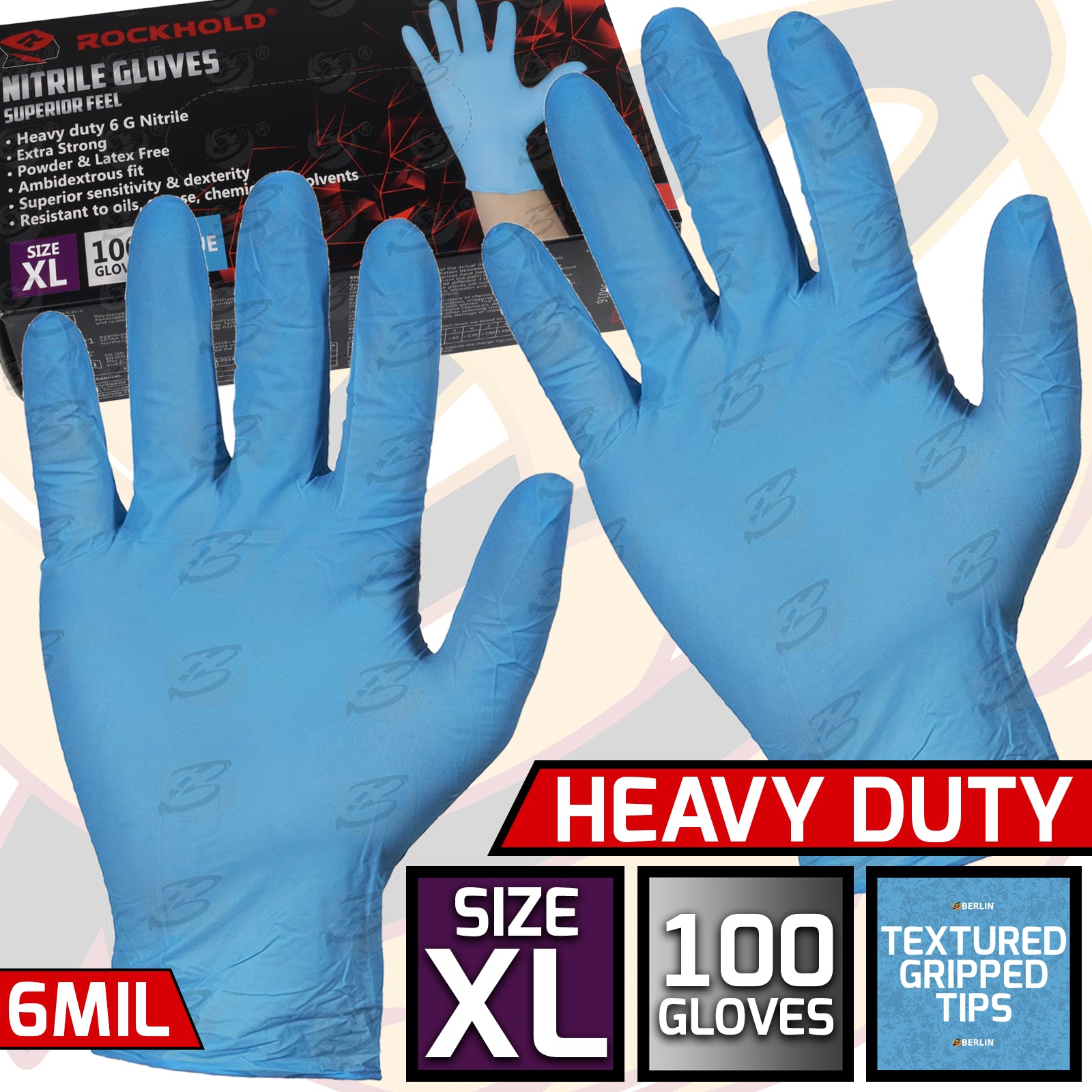 ROCKHOLD HEAVY DUTY BLUE 6 MIL NITRILE TEXTURED TIP GLOVES ( X LARGE - 100 GLOVES )