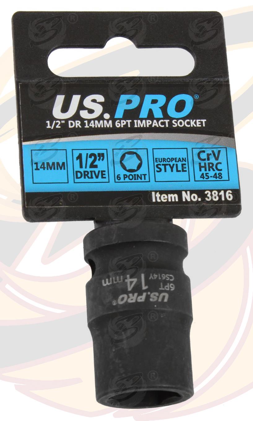 US Pro 14mm 1/2" Drive 6 Point Shallow Impact Socket 3816