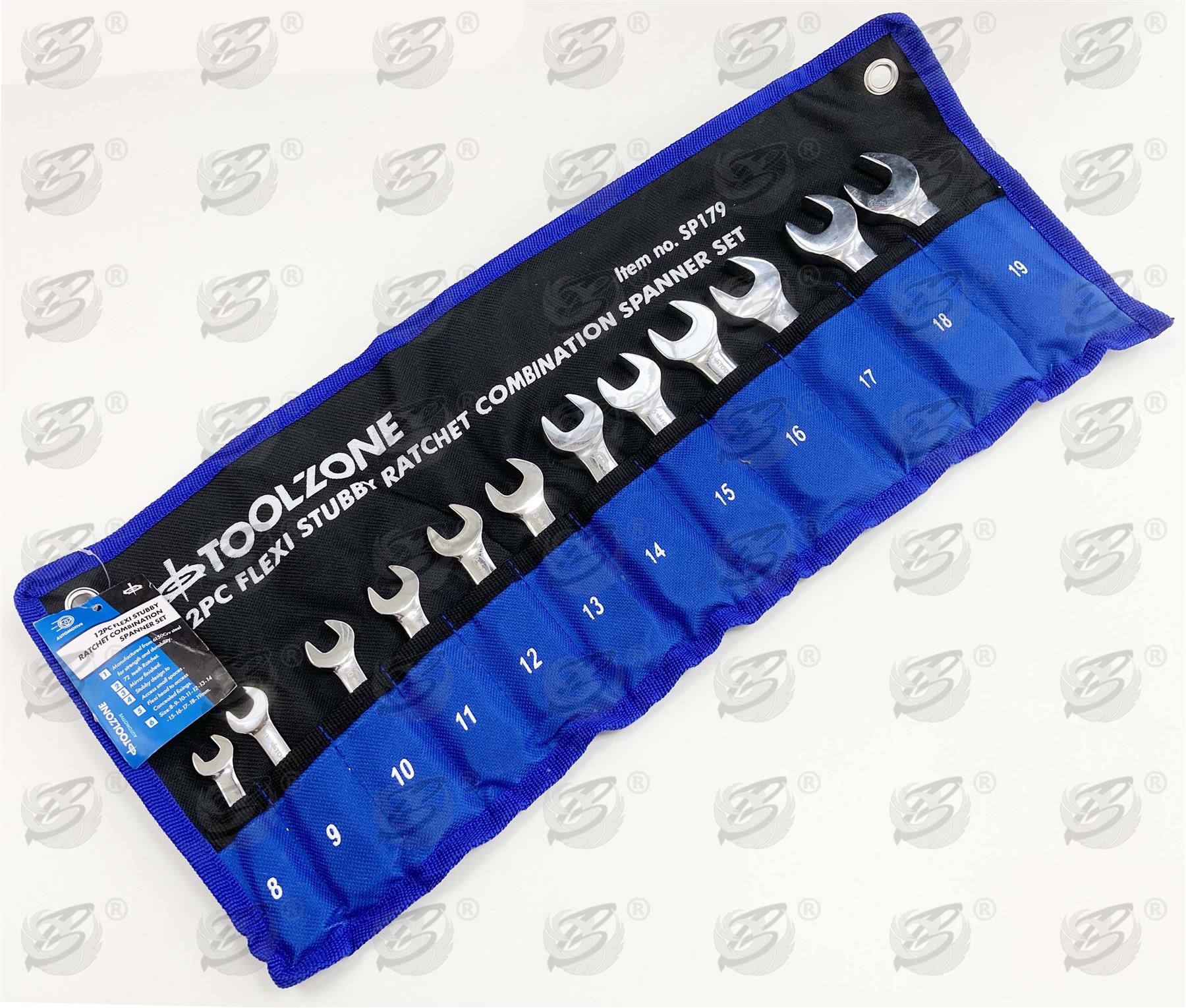 TOOLZONE 12PCS COMBINATION STUBBY FLEXIBLE RATCHET SPANNER SET 8MM - 19MM