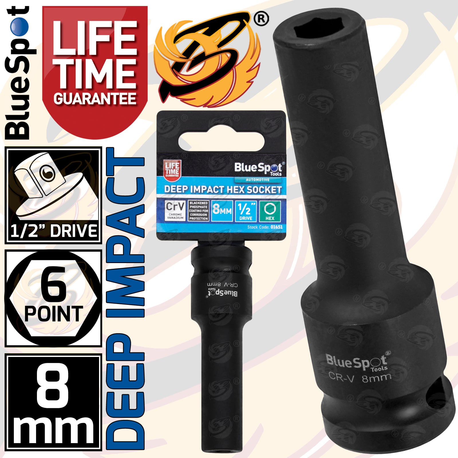 BLUESPOT 8MM 1/2" DRIVE 6 POINT DEEP IMPACT SOCKET ( SINGLE )