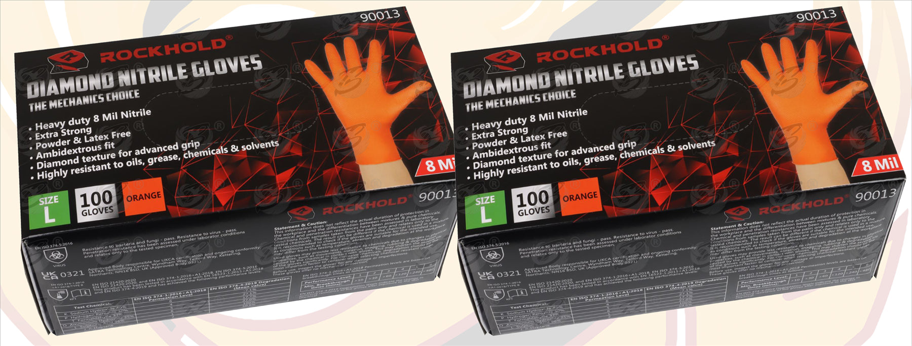 ROCKHOLD HEAVY DUTY ORANGE 8 MIL NITRILE DIAMOND GRIP GLOVES ( LARGE - 200 GLOVES )