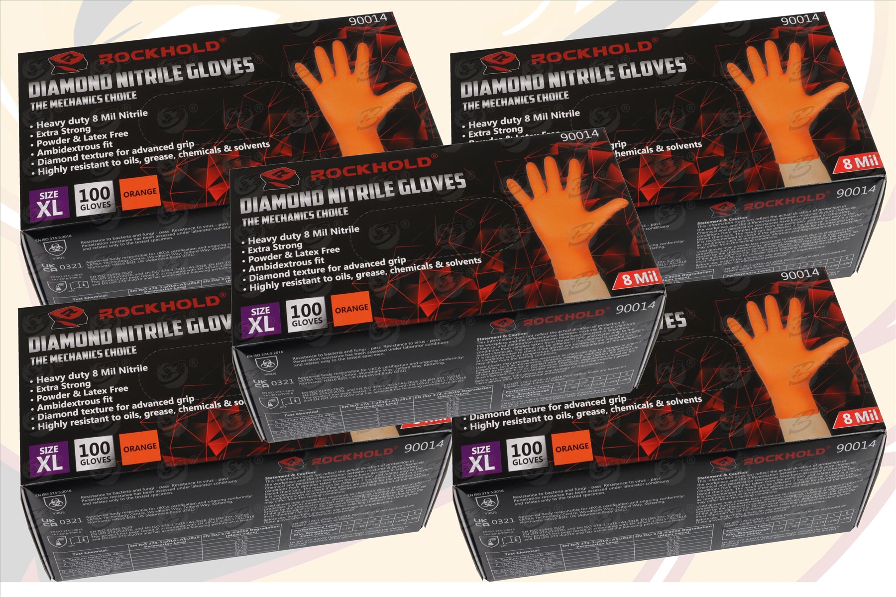 ROCKHOLD HEAVY DUTY ORANGE 8 MIL NITRILE DIAMOND GRIP GLOVES ( X LARGE - 500 GLOVES )