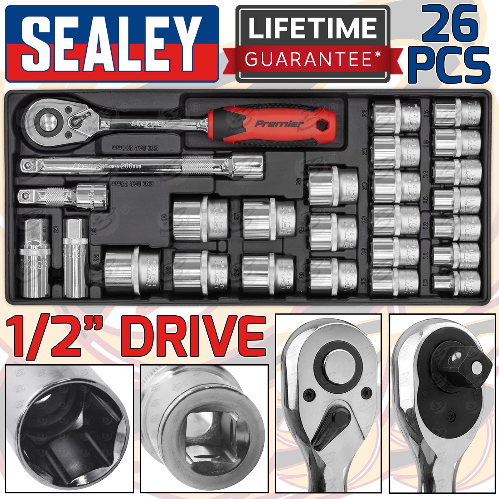 SEALEY 26PCS 1/2" DRIVE 6 POINT SOCKET SET 10MM - 32MM