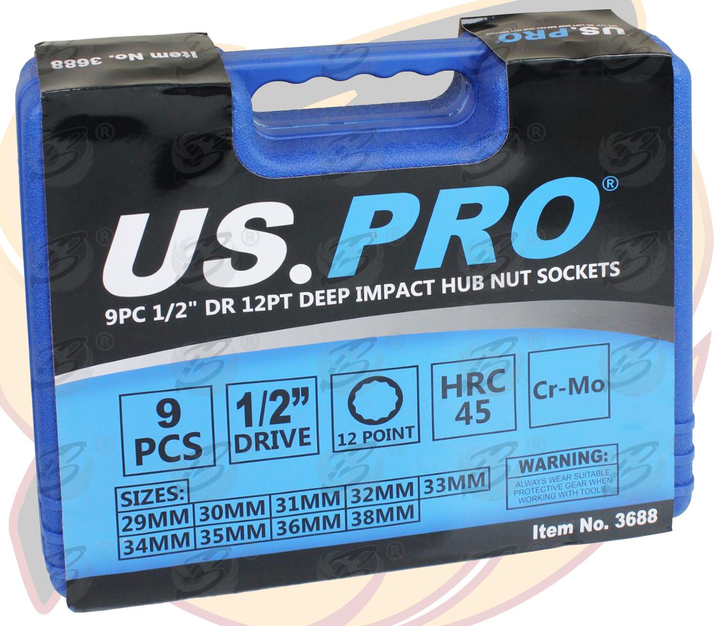 US PRO 9PCS 1/2" DRIVE 12 POINT DEEP IMPACT SOCKETS 29MM - 38MM