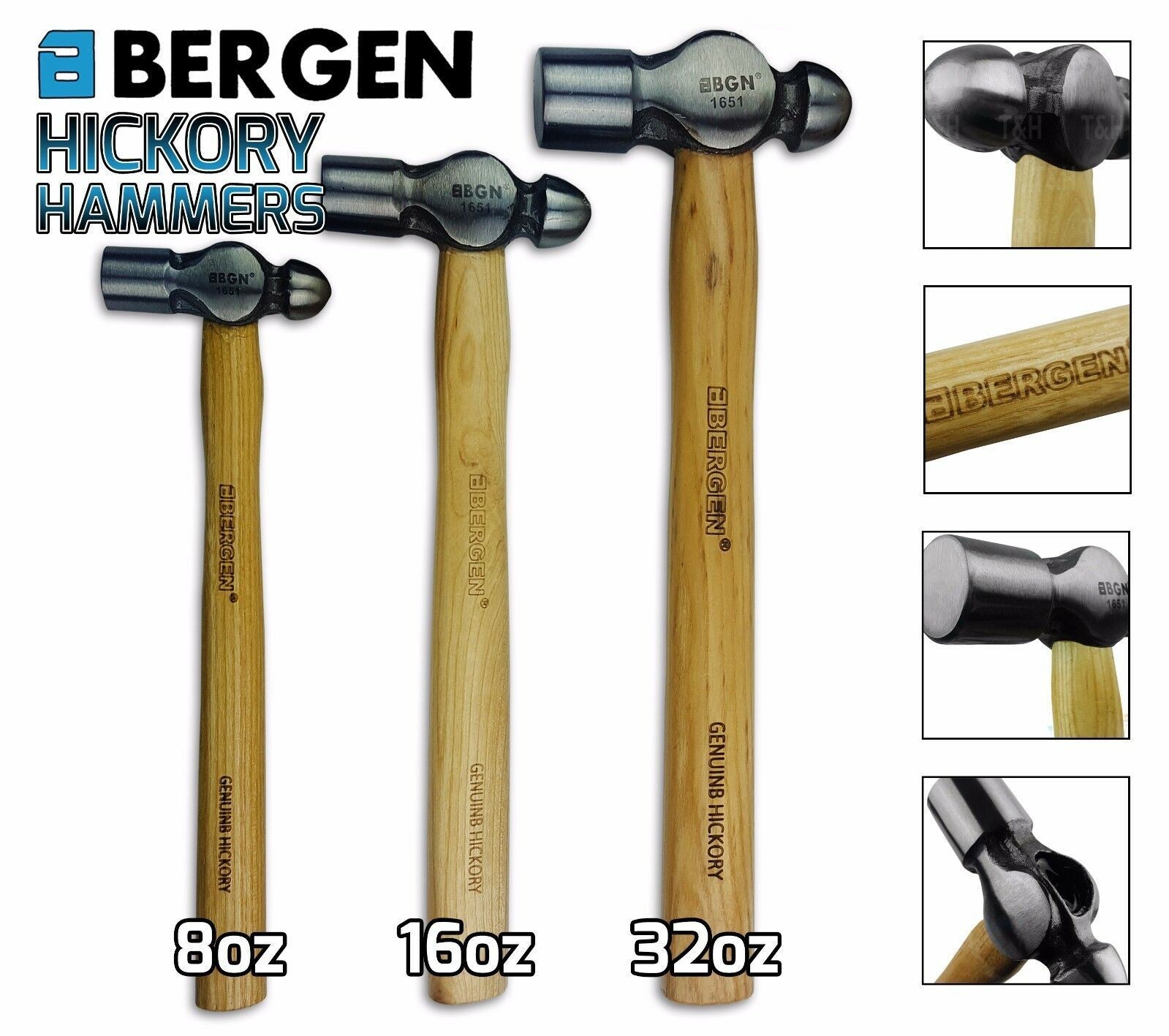 US PRO 3PCS BALL PEIN BEECH HAMMERS 8OZ - 16OZ - 32OZ